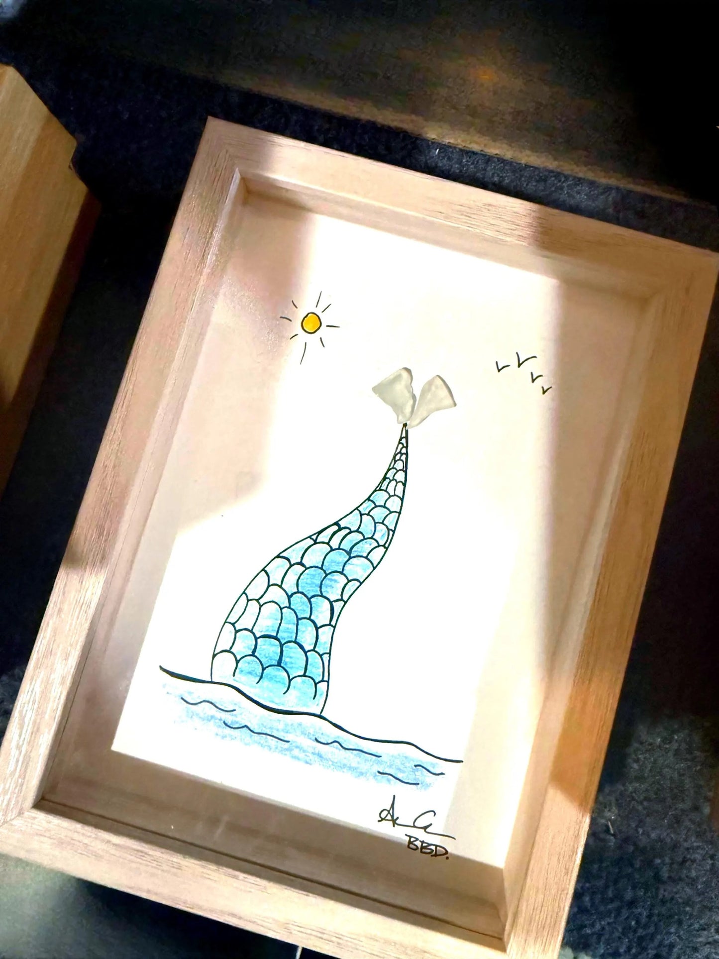 Image Only, no words Colorful hand drawn Mermaid tail with sea glass fins diving into the ocean with sun and birds flying above 