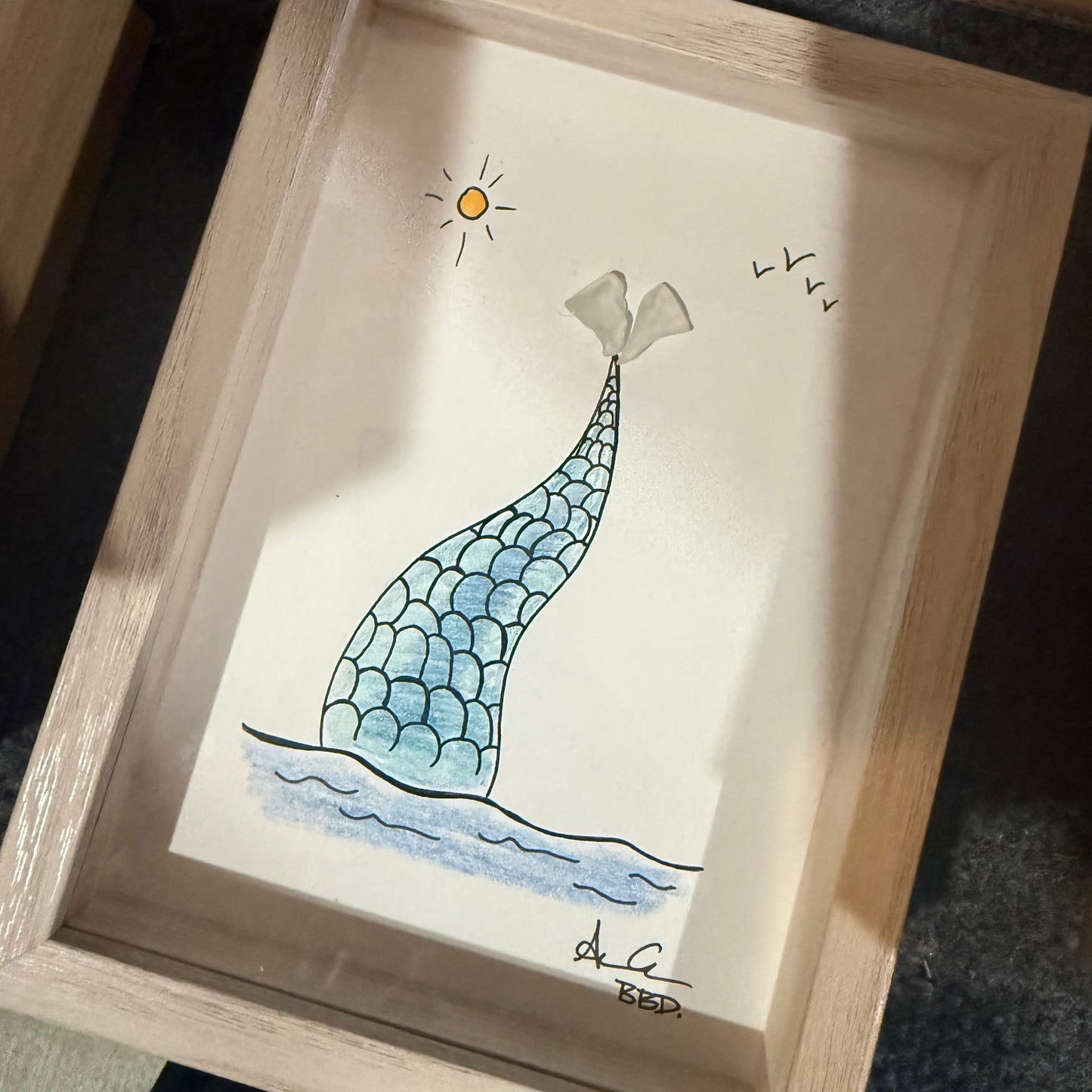 Mermaid Tail Diving (With Color) - SLIM Sea Glass Art,  5x7 Whitewash Frame