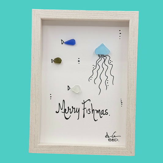 Merry Fishmas - Funny SLIM Sea Glass Art,  5x7 Whitewash Frame