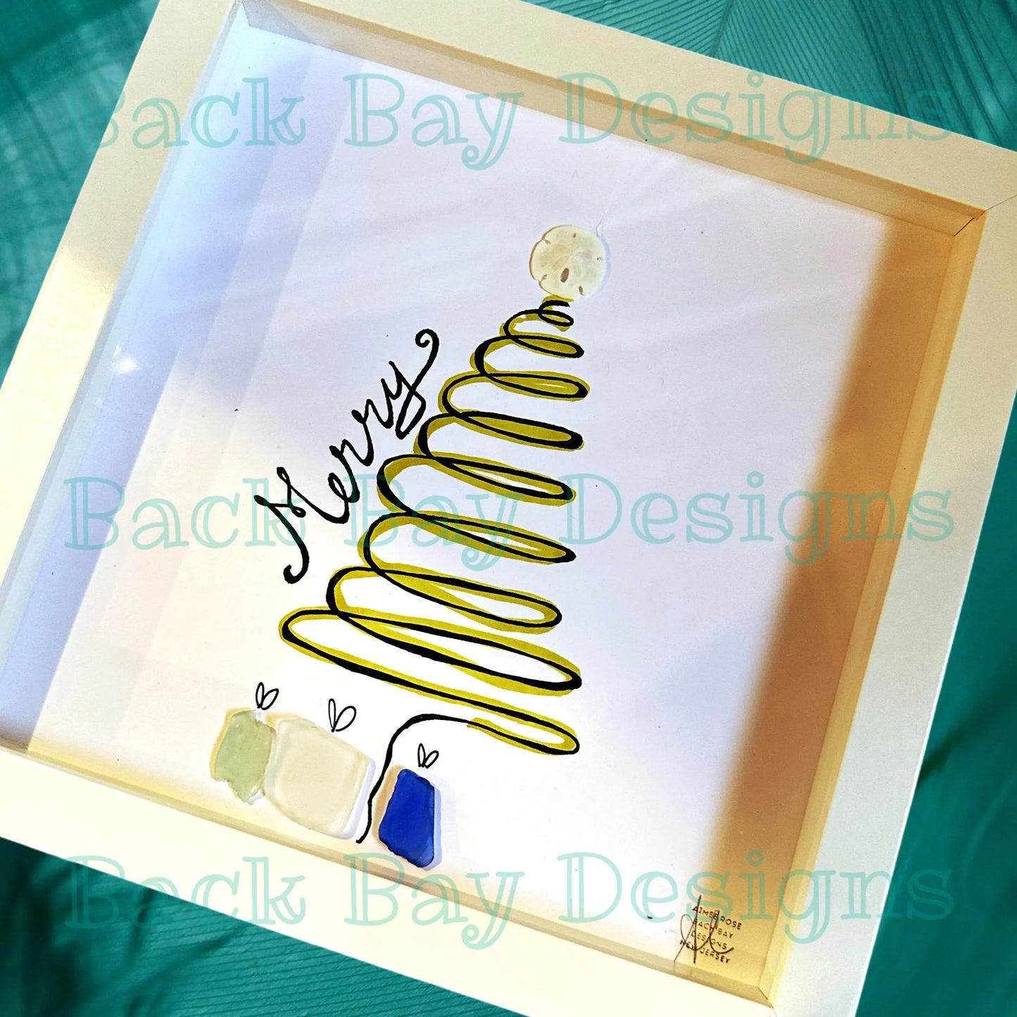 Merry Christmas Spiral Tree - Sea Glass Art, Secret Santa Present, Winter Holiday Decor, 8x8 framed