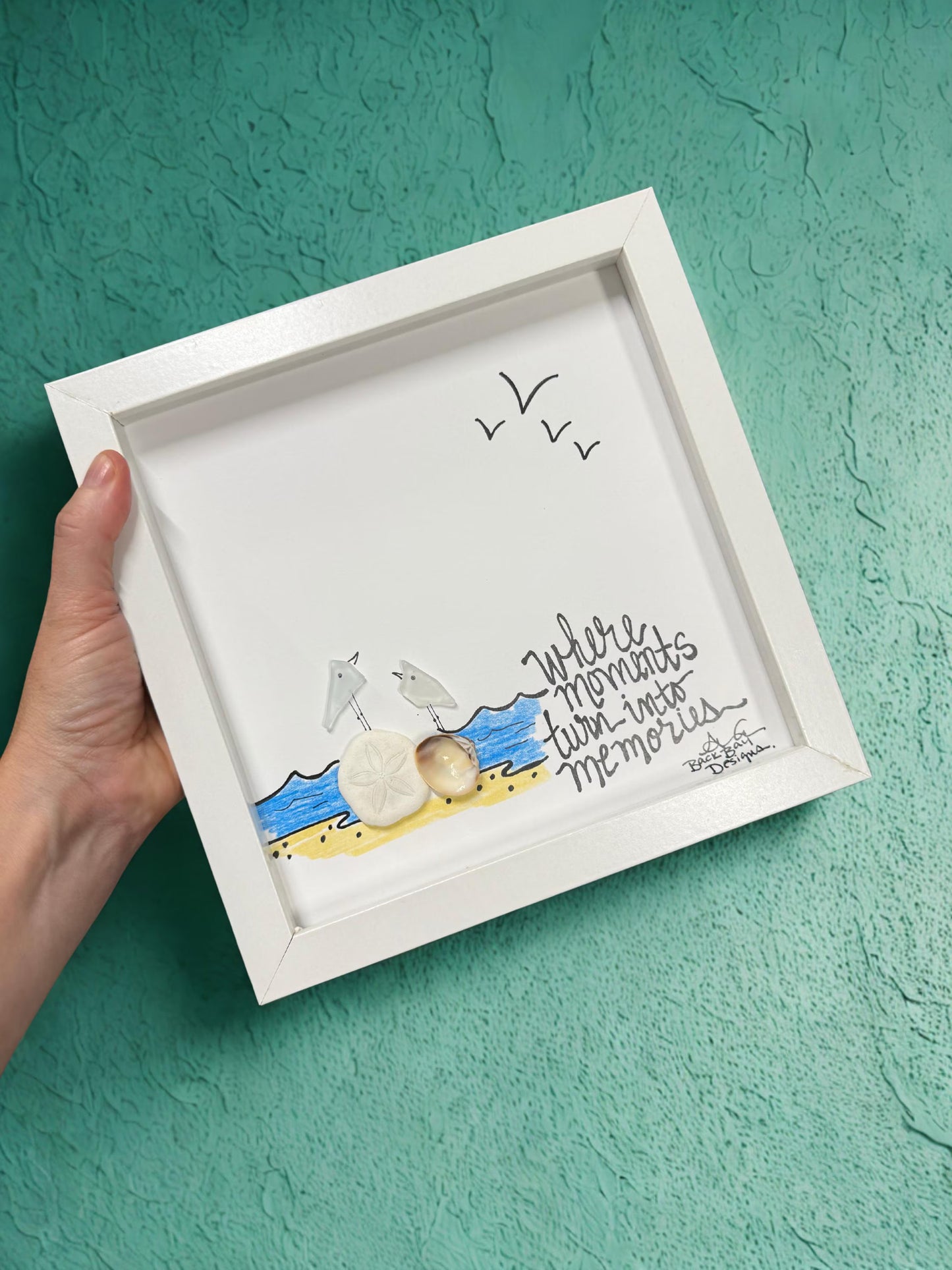 Where Moments Turn Into Memories - Sea Glass Art, Coastal Vacation Nostalgia, Beach House Gift, 8x8 framed