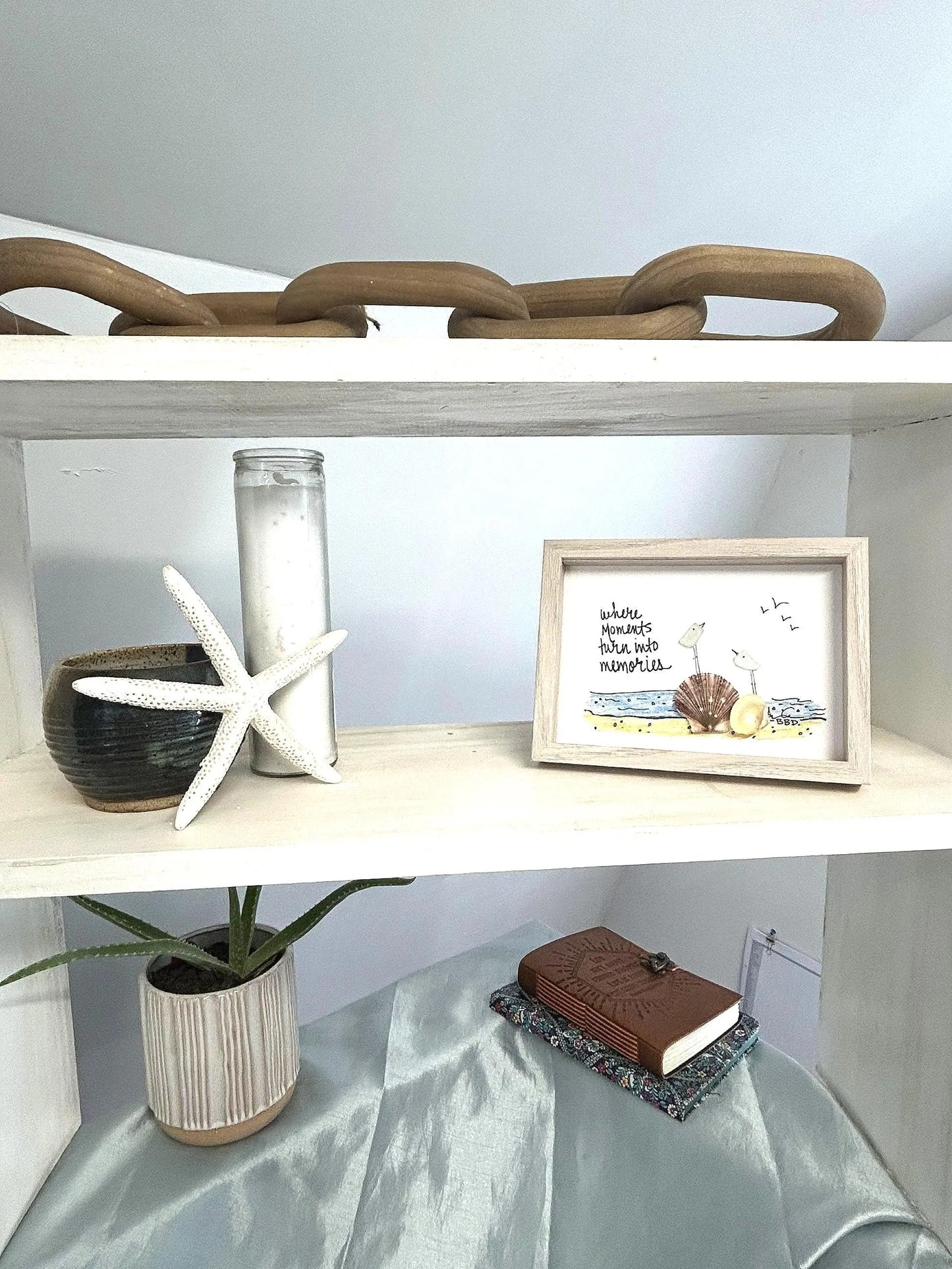 Moments Into Memories - SLIM Sea Glass Art,  5x7 Whitewash Frame