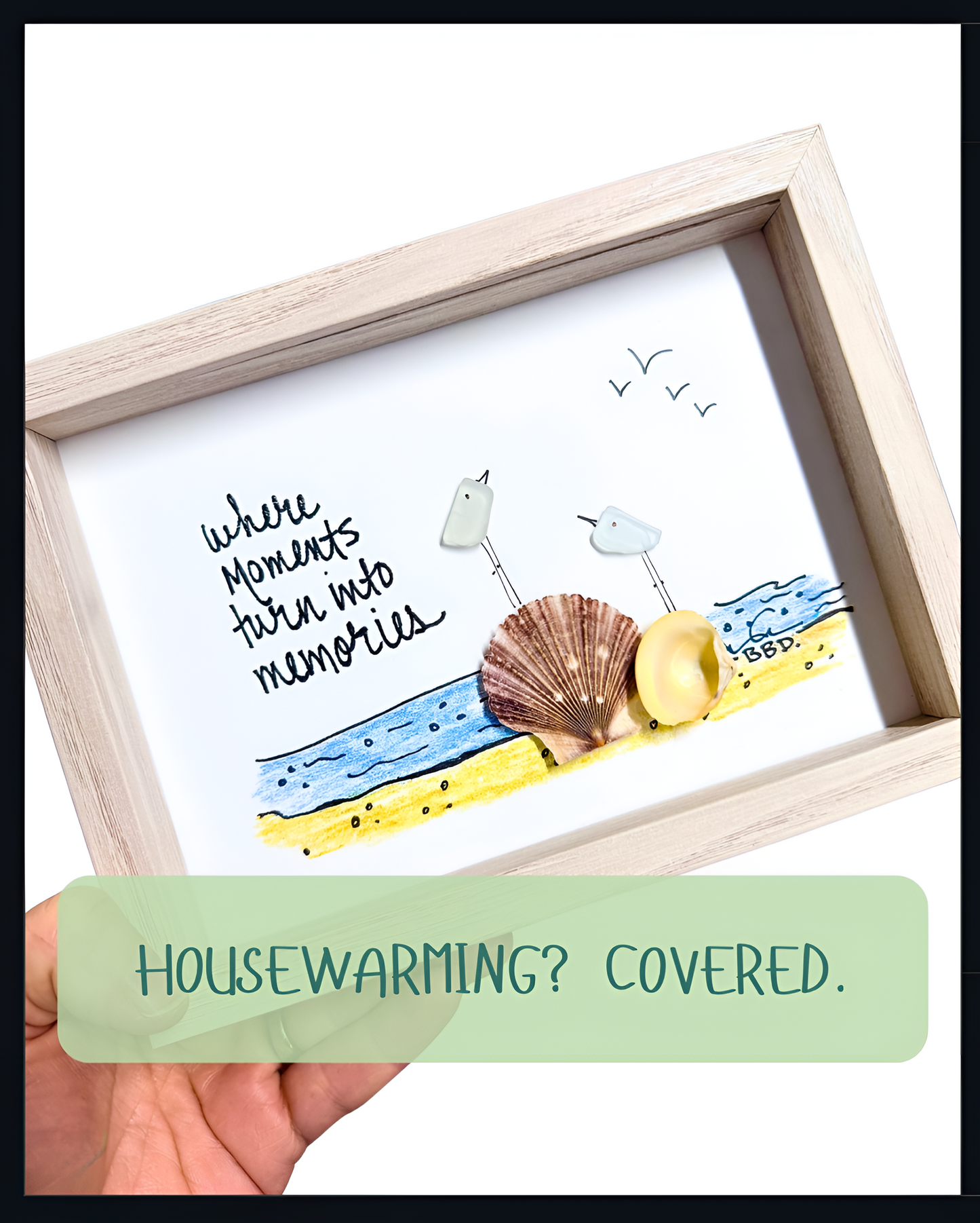 Where Moments Turn Into Memories - SLIM Sea Glass Art,  5x7 Whitewash Frame
