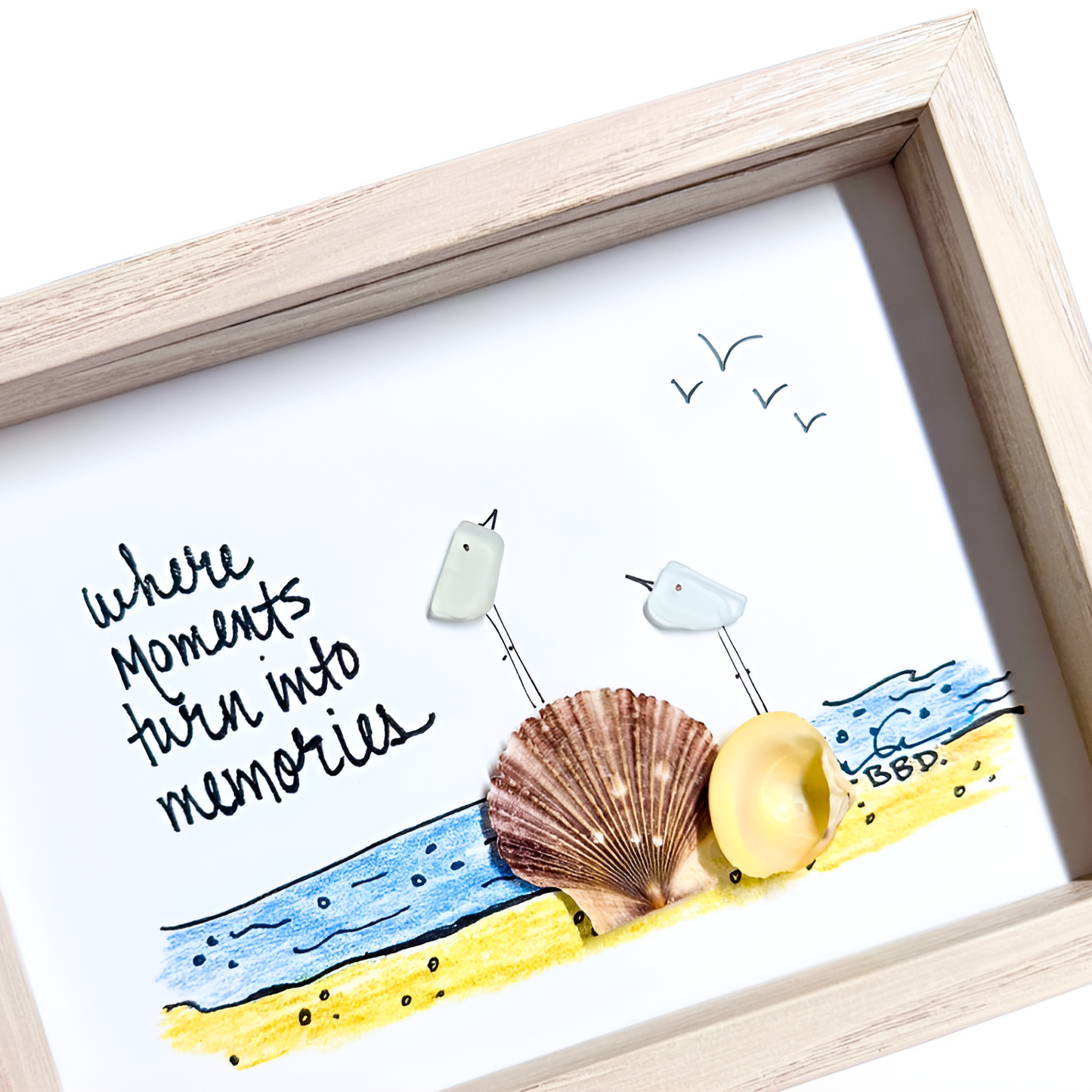 Where Moments Turn Into Memories - SLIM Sea Glass Art,  5x7 Whitewash Frame