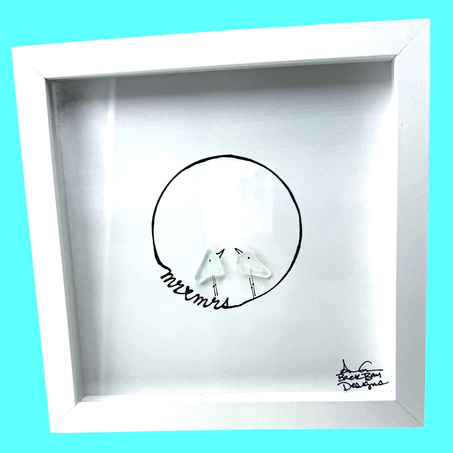Mr. and Mrs. - Wedding Sea Glass Art, Bridal Shower, Engagement Gift, 8x8 framed