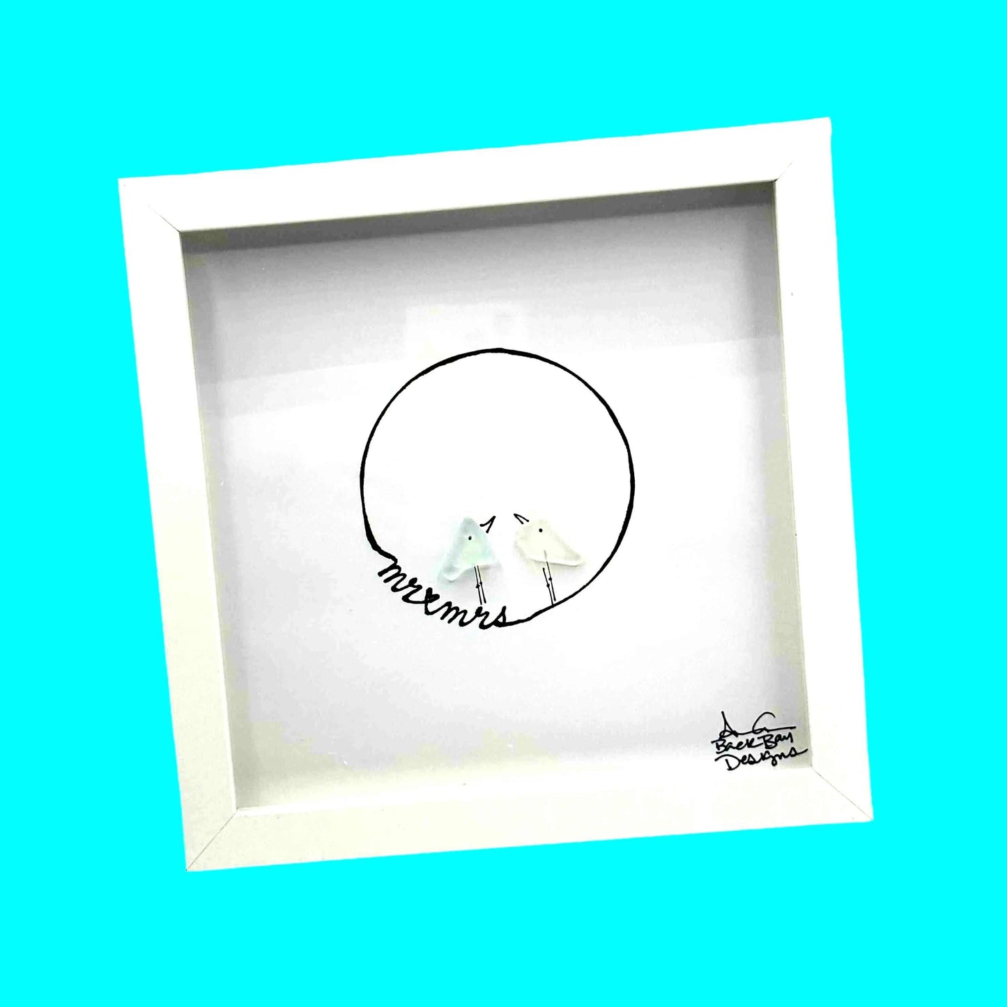Mr. and Mrs. - Wedding Sea Glass Art, Bridal Shower, Engagement Gift, 8x8 framed