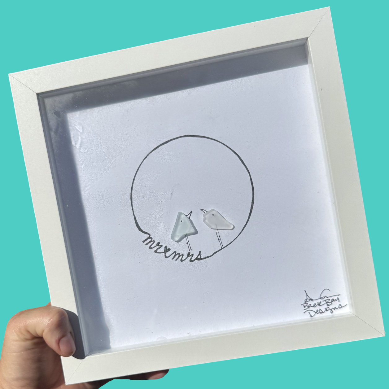 Mr. and Mrs. - Wedding Sea Glass Art, Bridal Shower, Engagement Gift, 8x8 framed