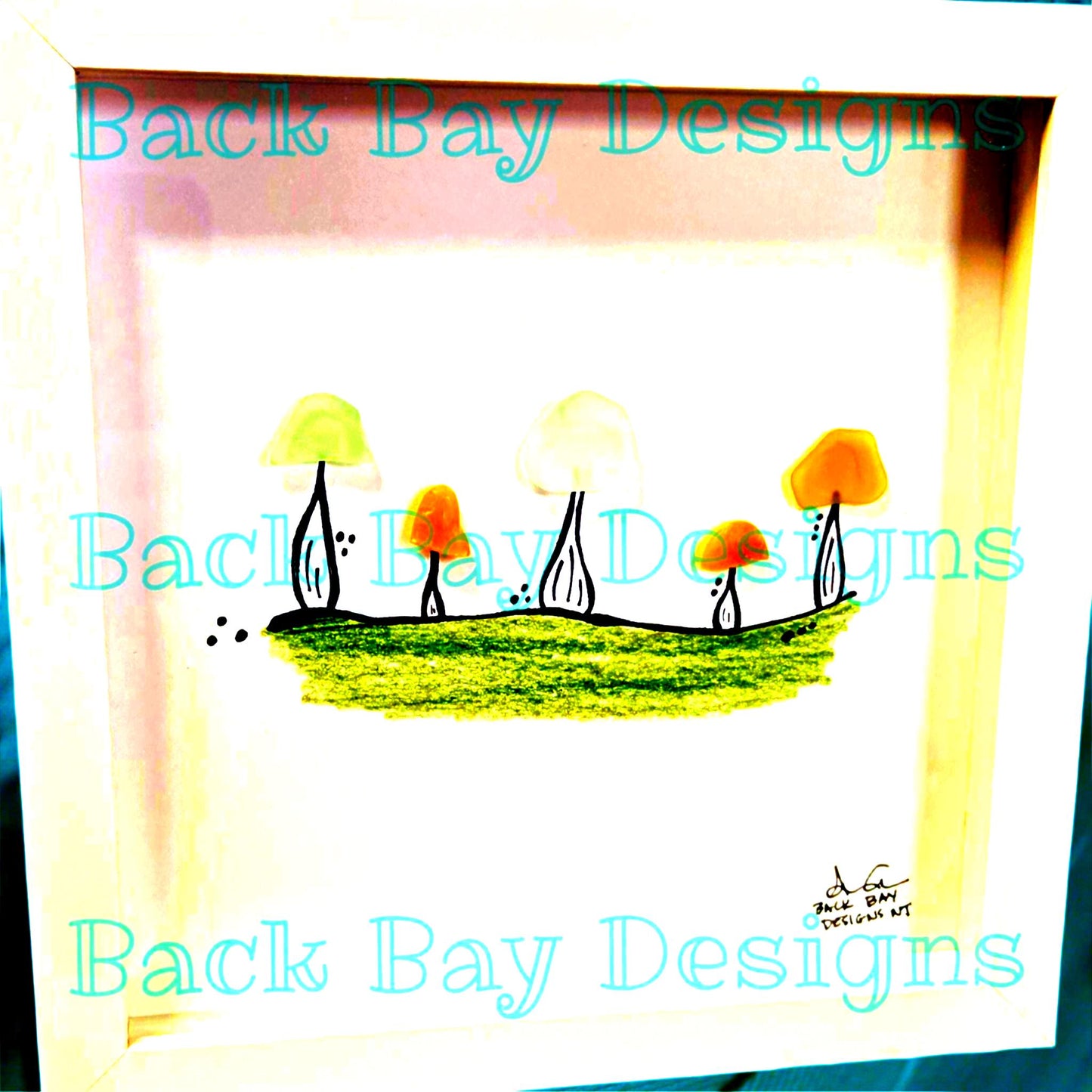 Mushrooms - Sea Glass Art, Garden Meditation Gift, Nature Decor,  8x8 framed