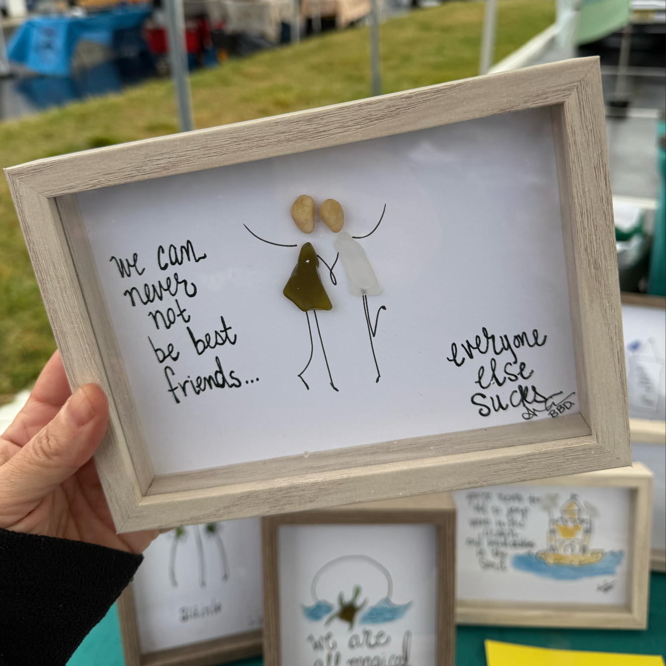 We Can Never NOT be Best Friends - Funny SLIM Sea Glass Art,  5x7 Whitewash Frame