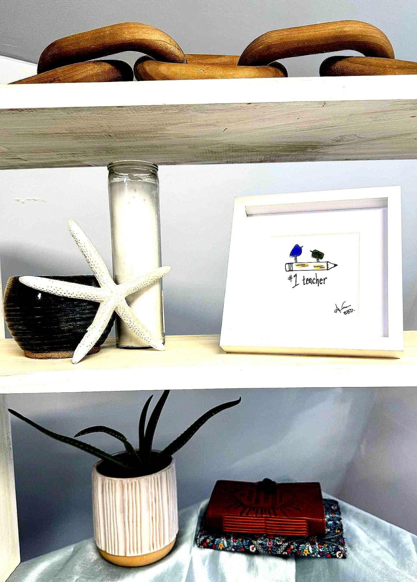 no.1 teacher MINI 6in sea glass art on 3 tier shelf bright