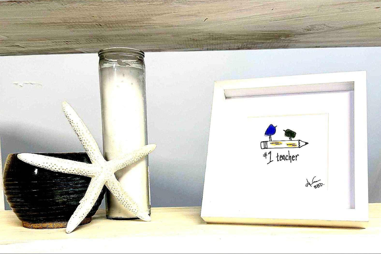 no.1 teacher MINI 6in sea glass art one tier shelf bright