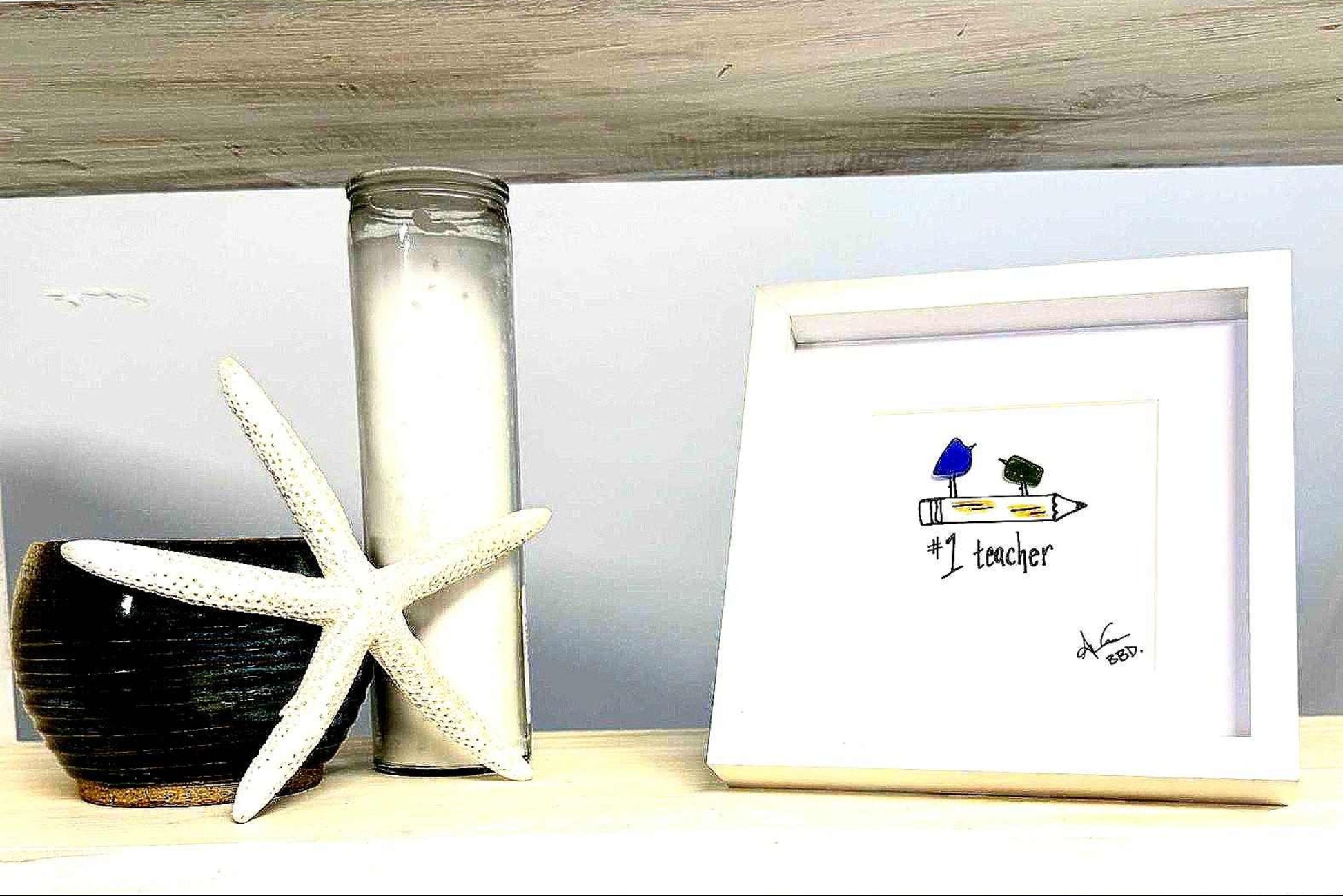 no.1 teacher MINI 6in sea glass art one tier shelf bright