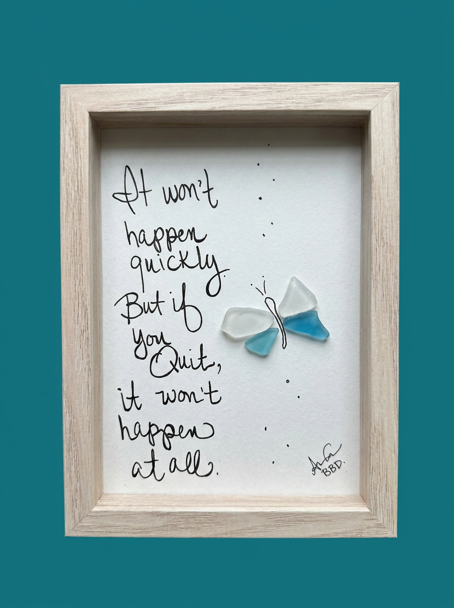 No Quit Butterfly - SLIM Sea Glass Art,  5x7 Whitewash Framed
