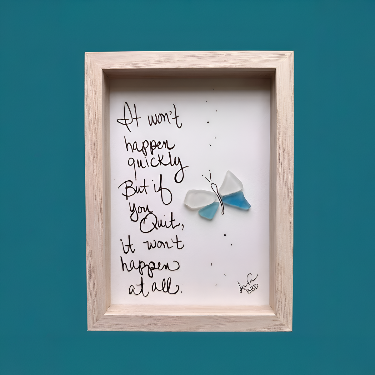 No Quit Butterfly - SLIM Sea Glass Art,  5x7 Whitewash Framed