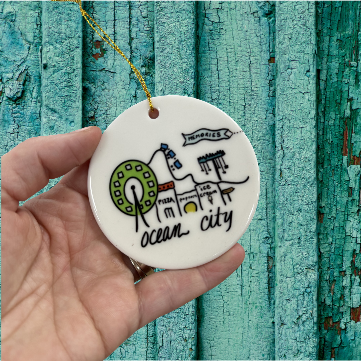 ocean city 3in ceramic keepsake ornament green wall background 