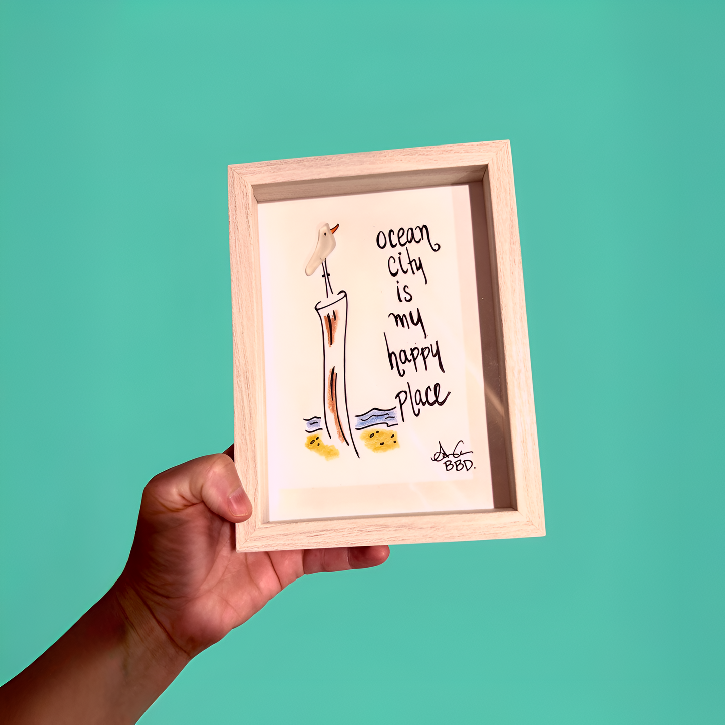Ocean City Is My Happy Place - SLIM Sea Glass Art,  5x7 Whitewash Frame