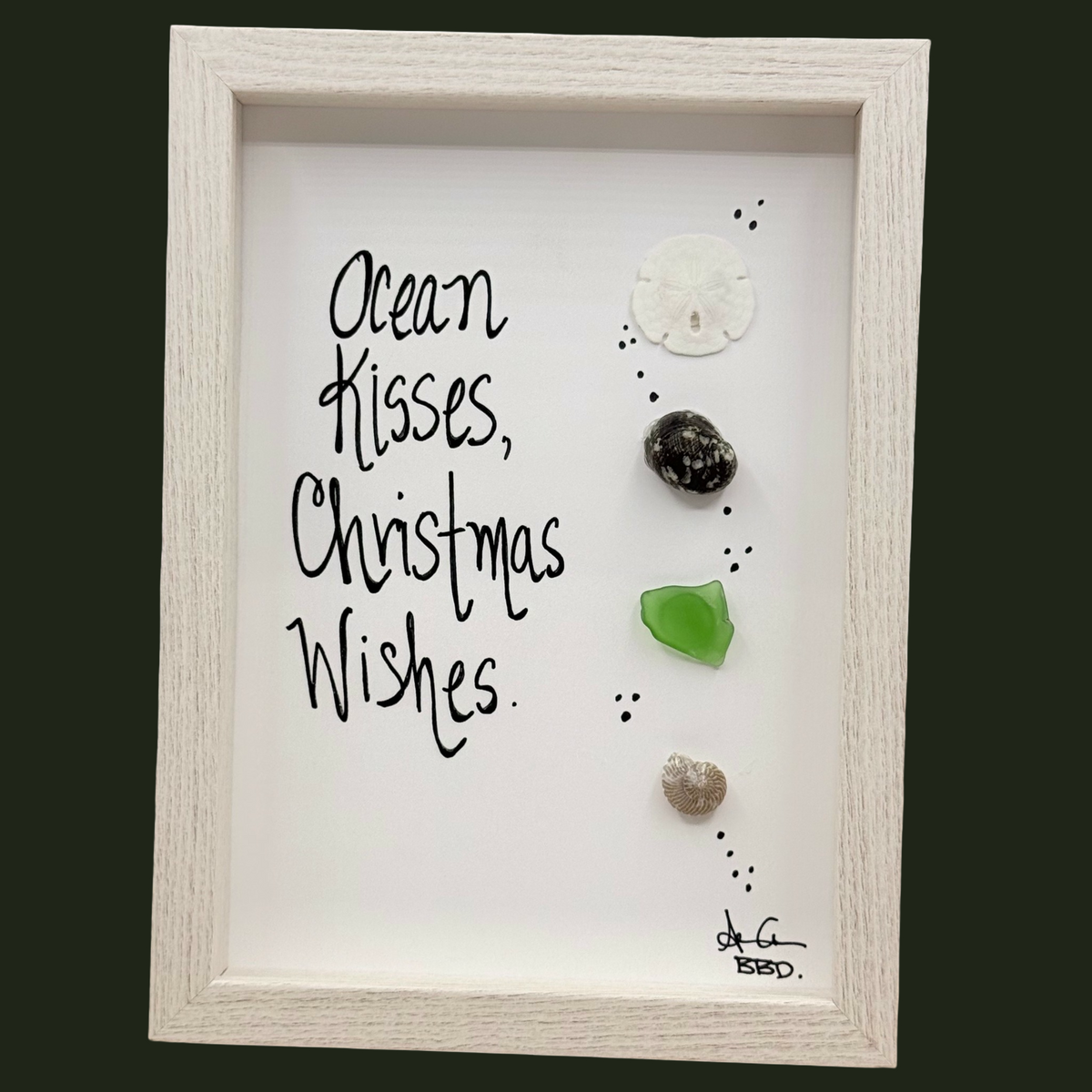 Ocean Kisses,  Christmas Wishes - SLIM Sea Glass Art,  5x7 Whitewash Frame