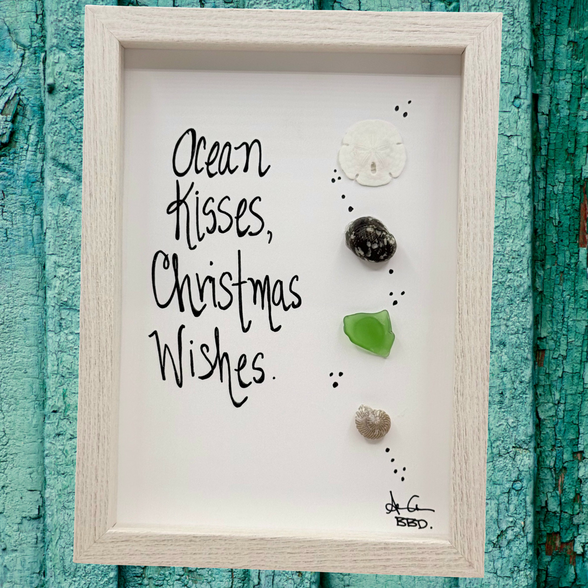 Ocean Kisses,  Christmas Wishes - SLIM Sea Glass Art,  5x7 Whitewash Frame