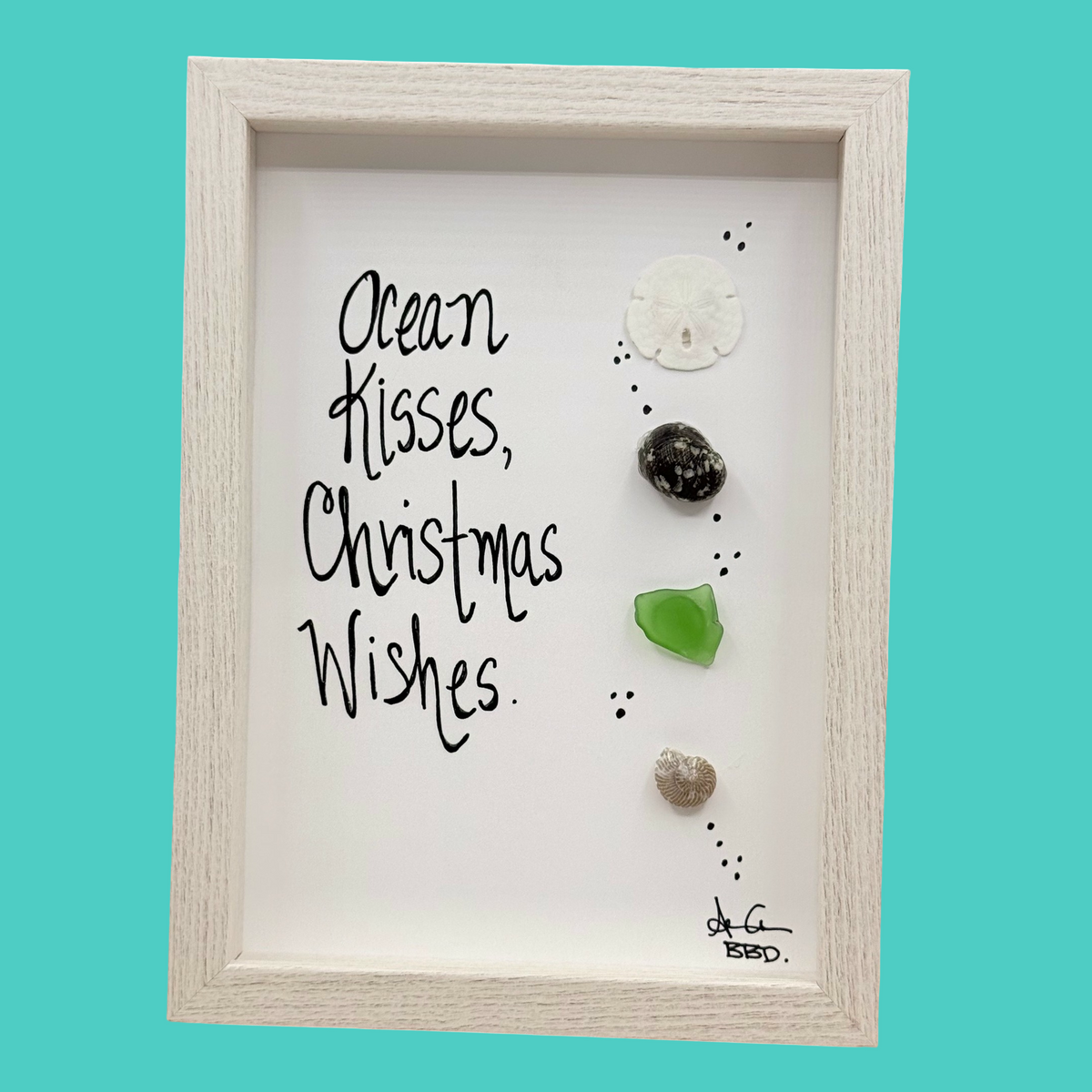 Ocean Kisses,  Christmas Wishes - SLIM Sea Glass Art,  5x7 Whitewash Frame