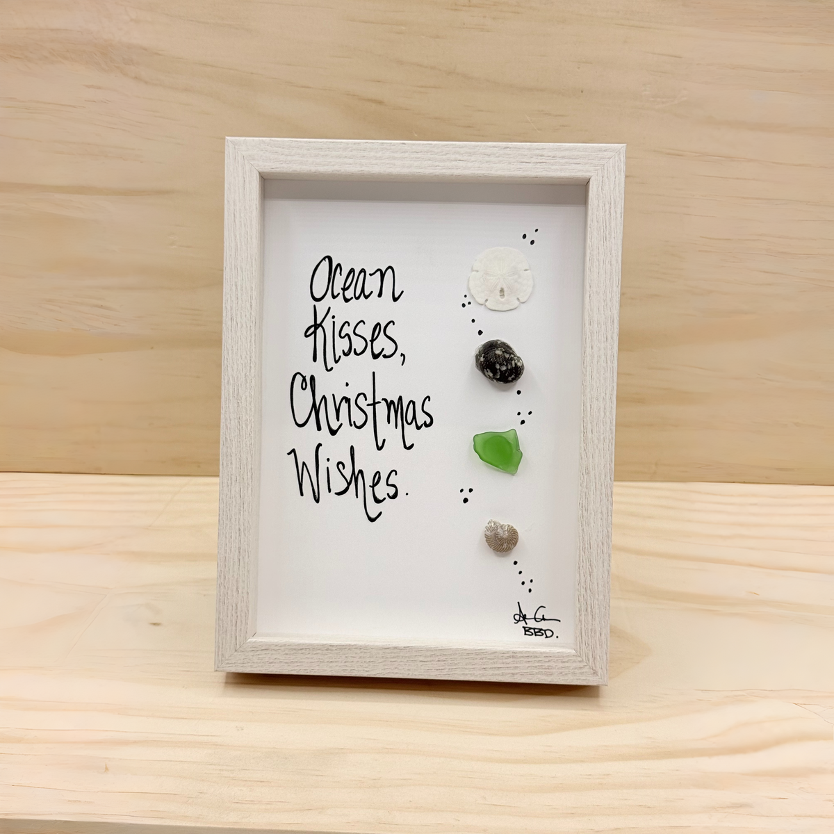Ocean Kisses,  Christmas Wishes - SLIM Sea Glass Art,  5x7 Whitewash Frame