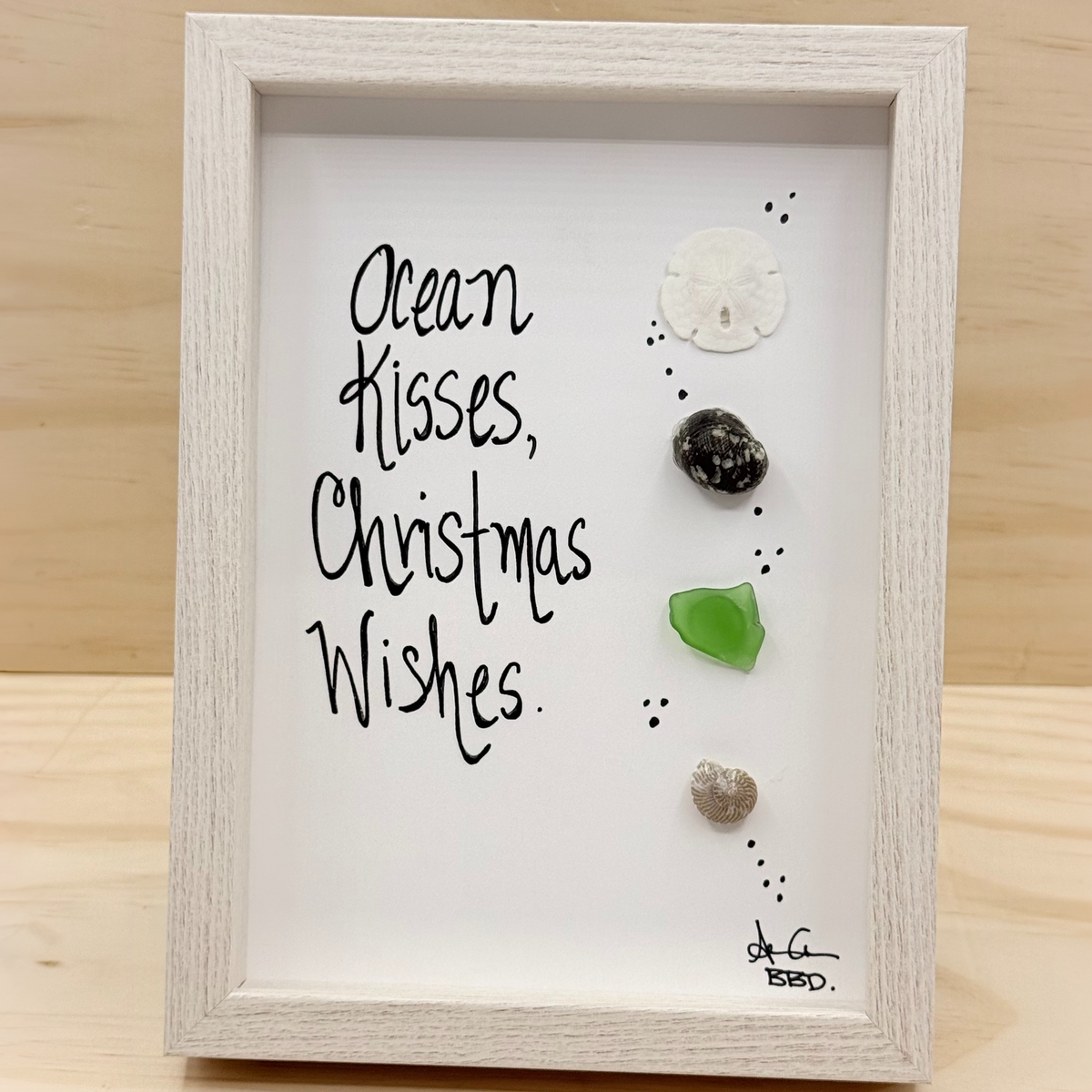 Ocean Kisses,  Christmas Wishes - SLIM Sea Glass Art,  5x7 Whitewash Frame