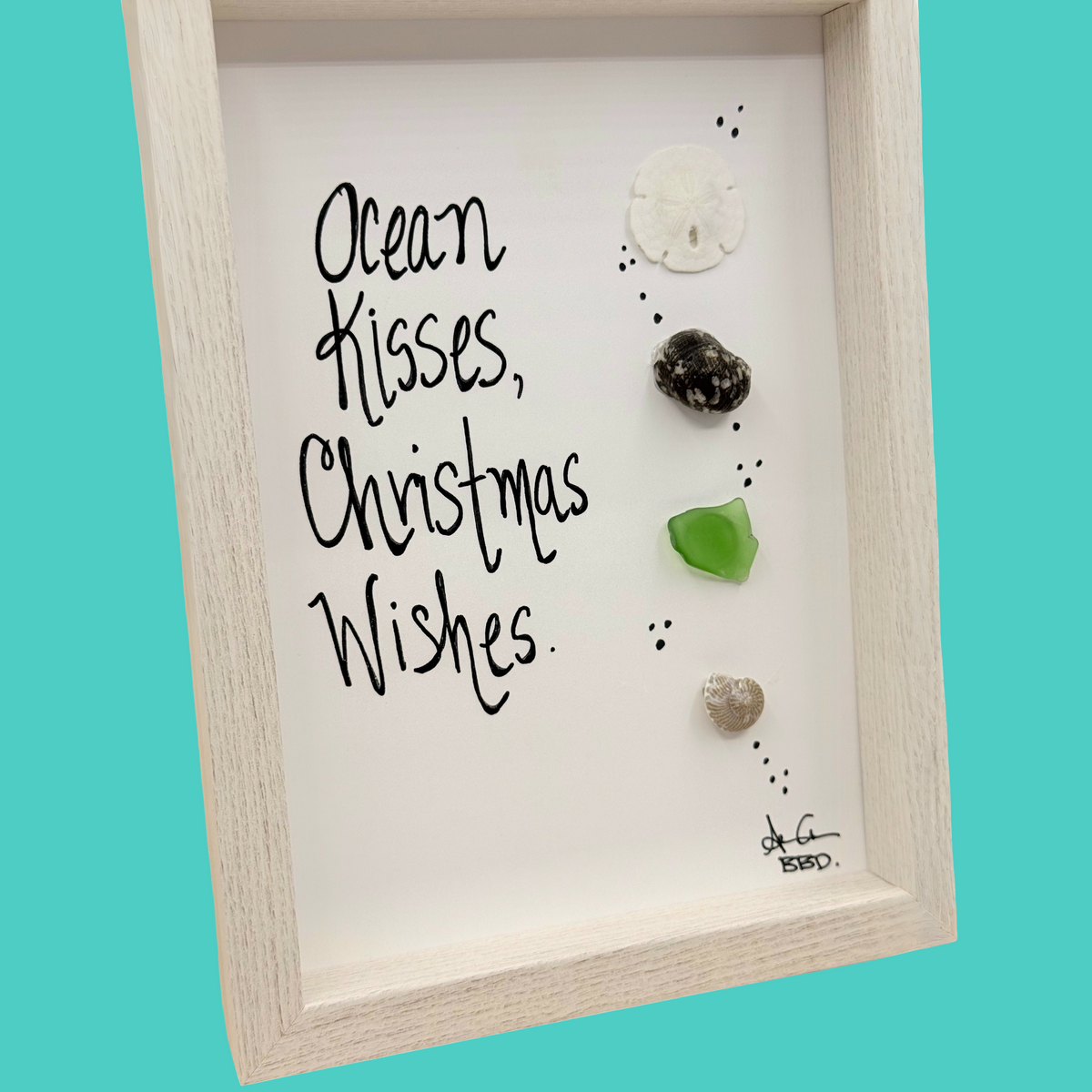 Ocean Kisses,  Christmas Wishes - SLIM Sea Glass Art,  5x7 Whitewash Frame