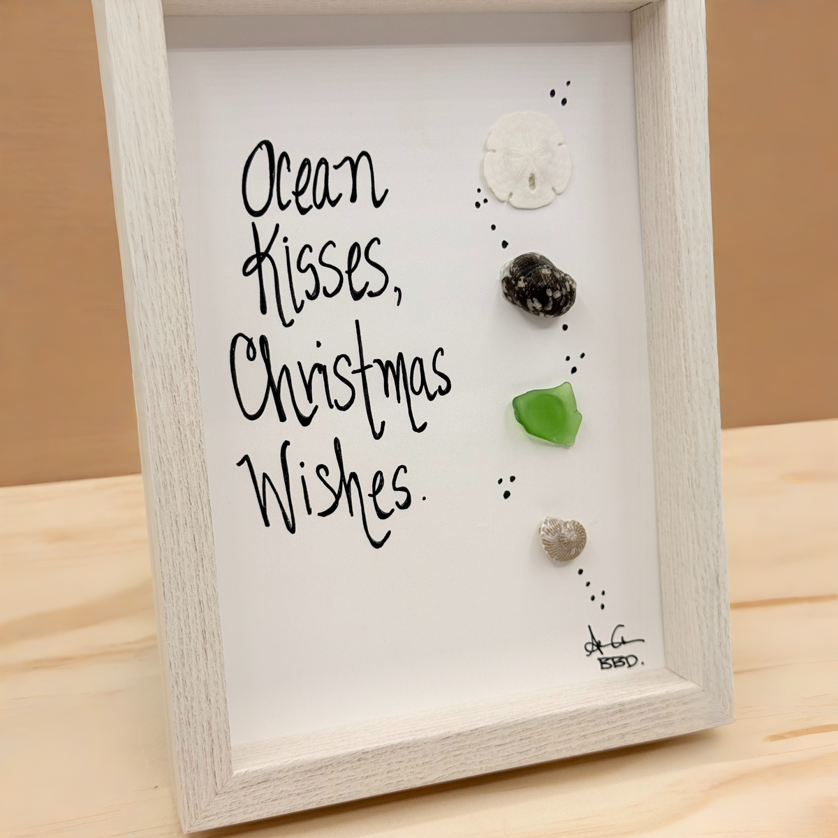 Ocean Kisses,  Christmas Wishes - SLIM Sea Glass Art,  5x7 Whitewash Frame