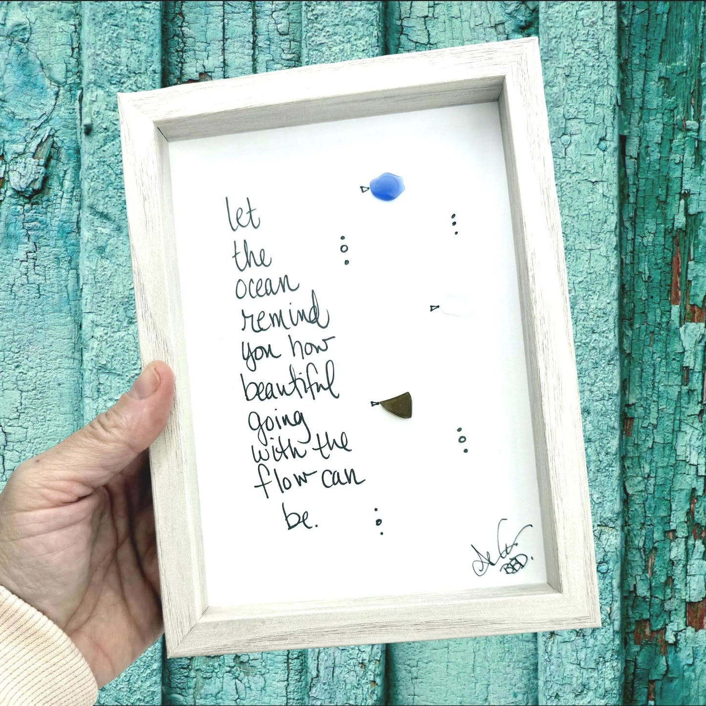 Ocean Remind You Of Going With The Flow - SLIM Sea Glass Art,  5x7 Whitewash Frame
