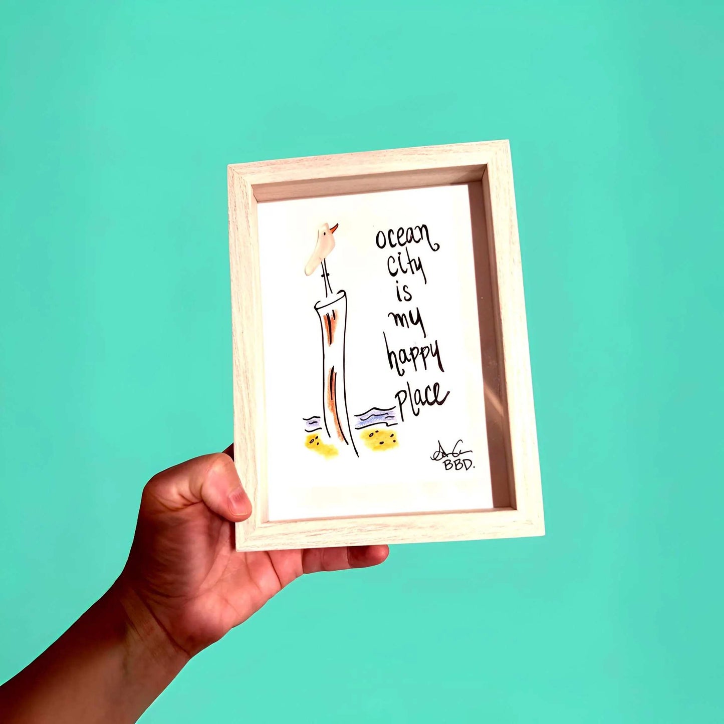Ocean City Is My Happy Place - SLIM Sea Glass Art,  5x7 Whitewash Frame