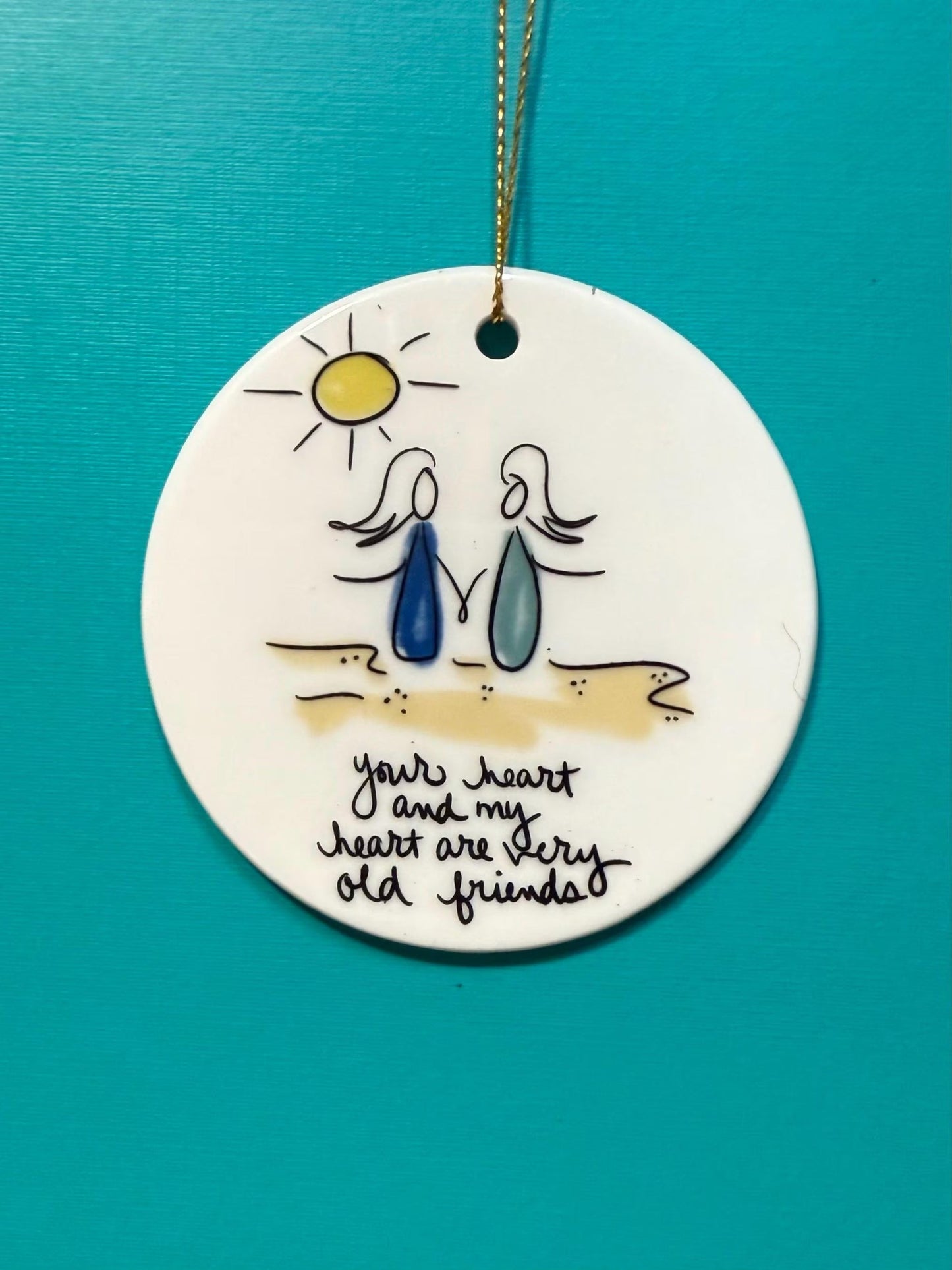 old friends 3in ceramic keepsake ornament on green