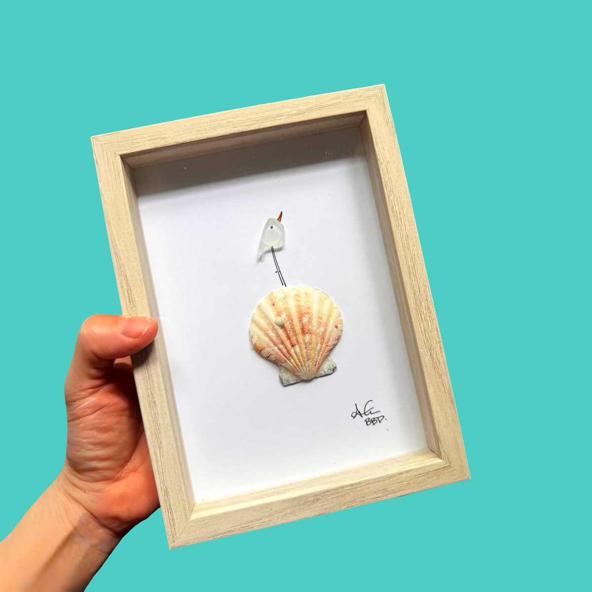 Bird on Shell  - SLIM Sea Glass Art,  5x7 Whitewash Frame