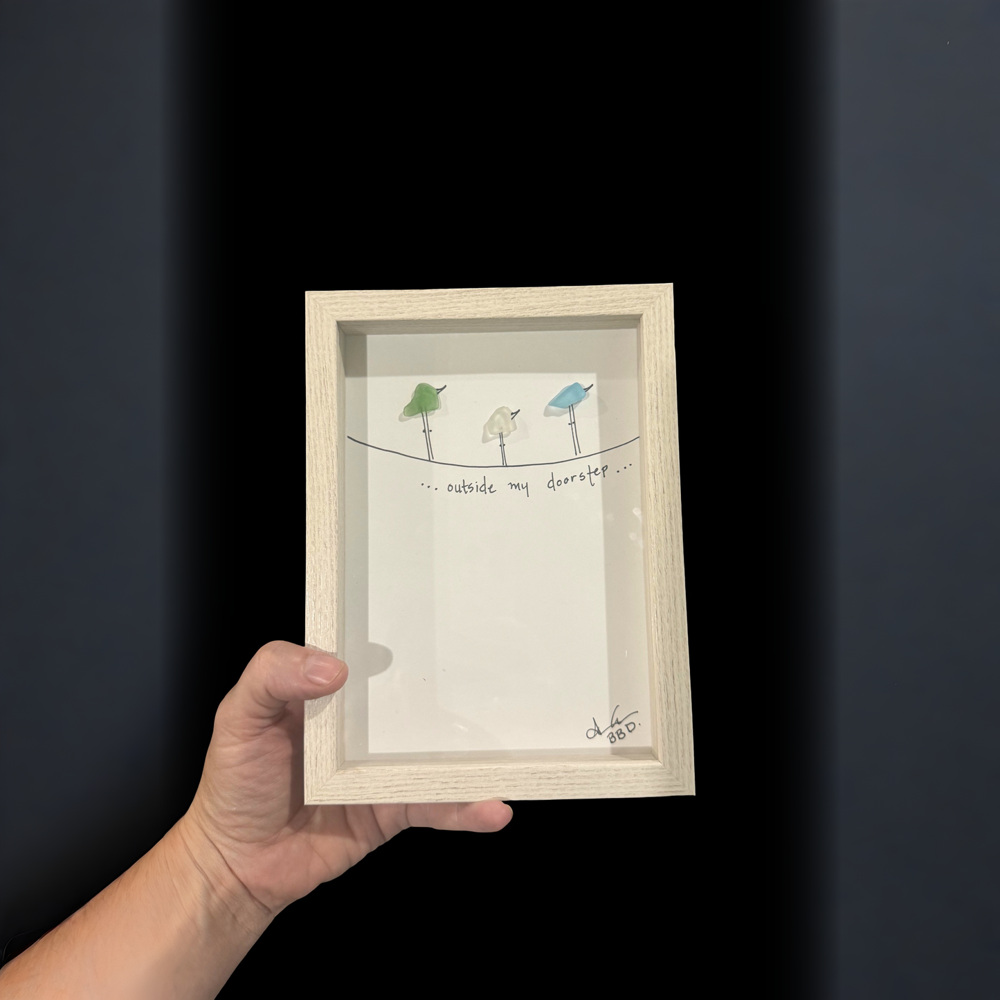 Outside My Doorstep - Bob Marley Lyrics - SLIM Sea Glass Art,  5x7 Whitewash Frame