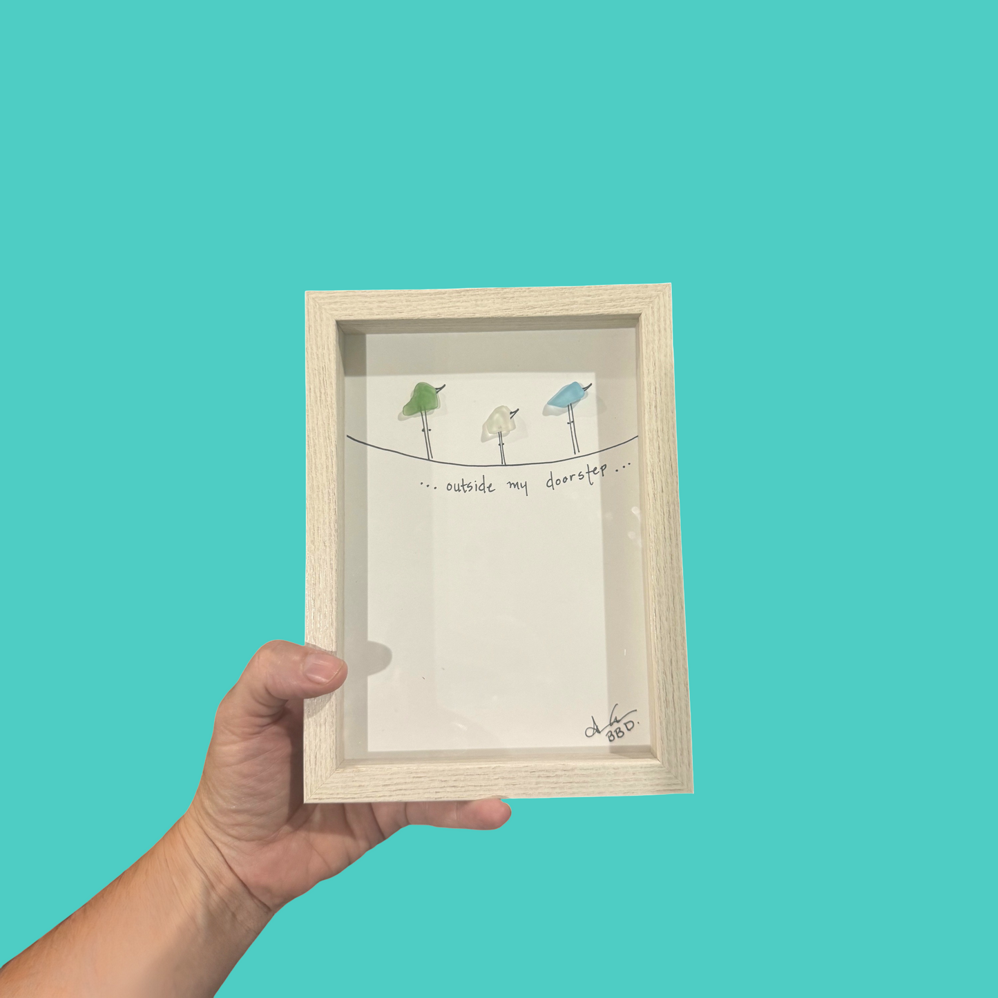 Outside My Doorstep - Bob Marley Lyrics - SLIM Sea Glass Art,  5x7 Whitewash Frame