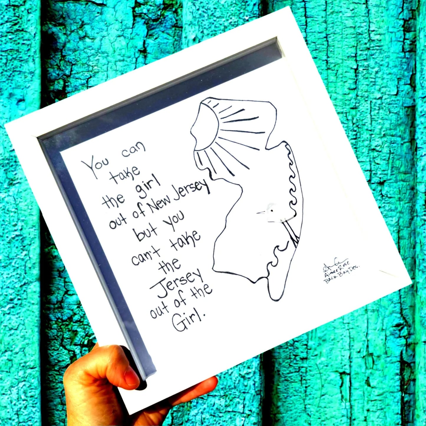 Outta NJ - Funny Sea Glass Art, Missing You Gift, New Jersey Nostalgia, 8x8 framed