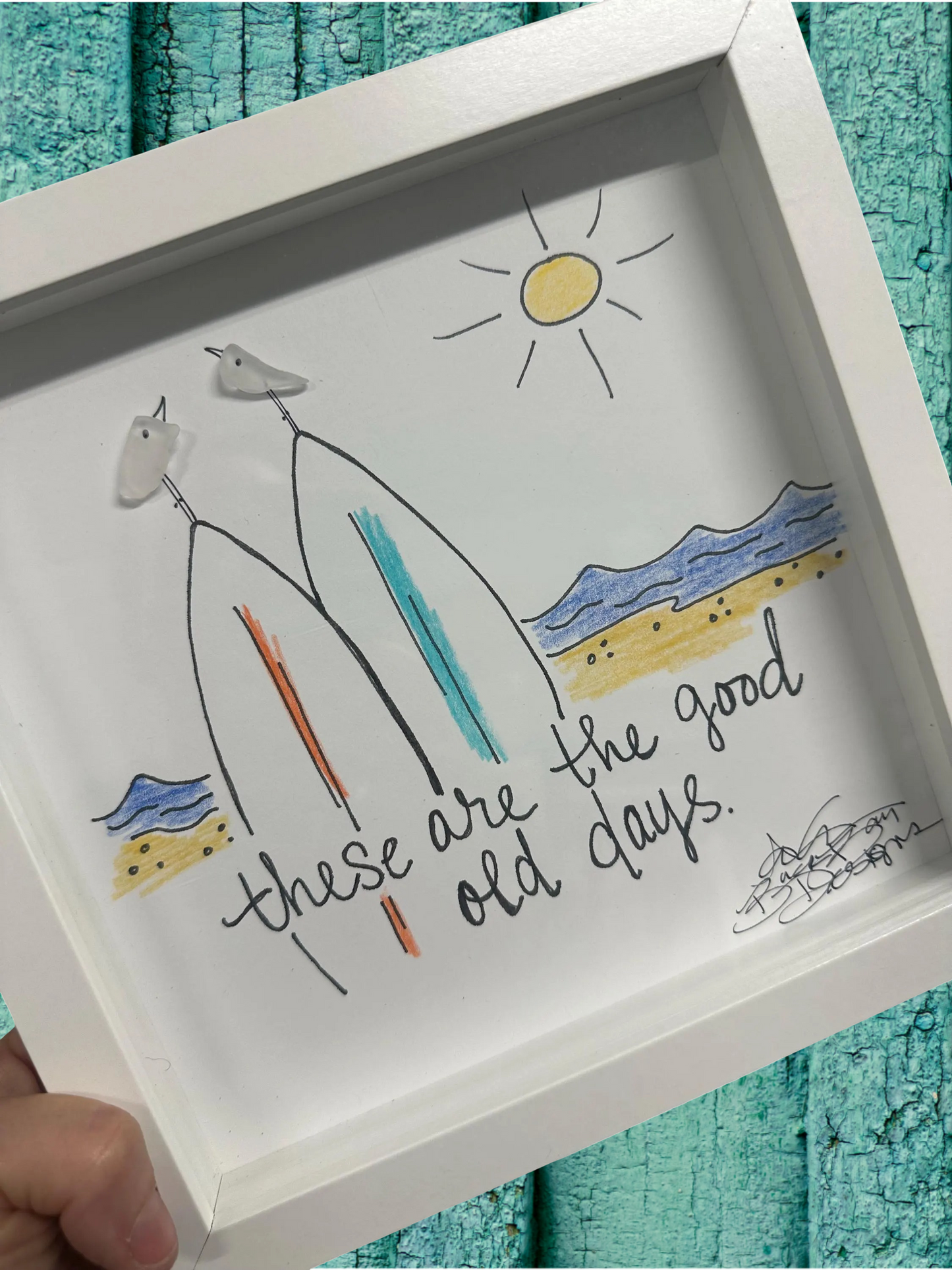 Good Old Days - Sea Glass Art, Surfboards Beach Meditation, Mindful Coastal Decor