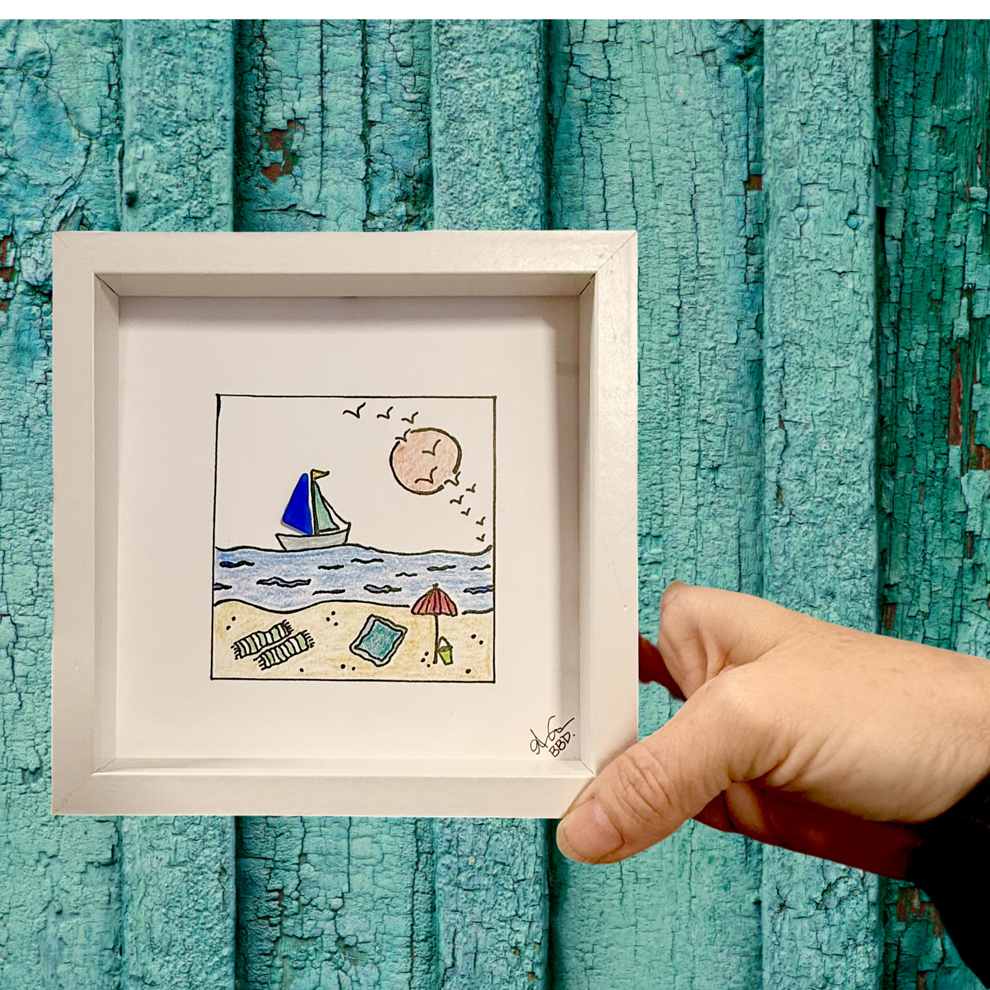 Sailboat Beach MINI - Sea Glass Art - 6x6 Framed