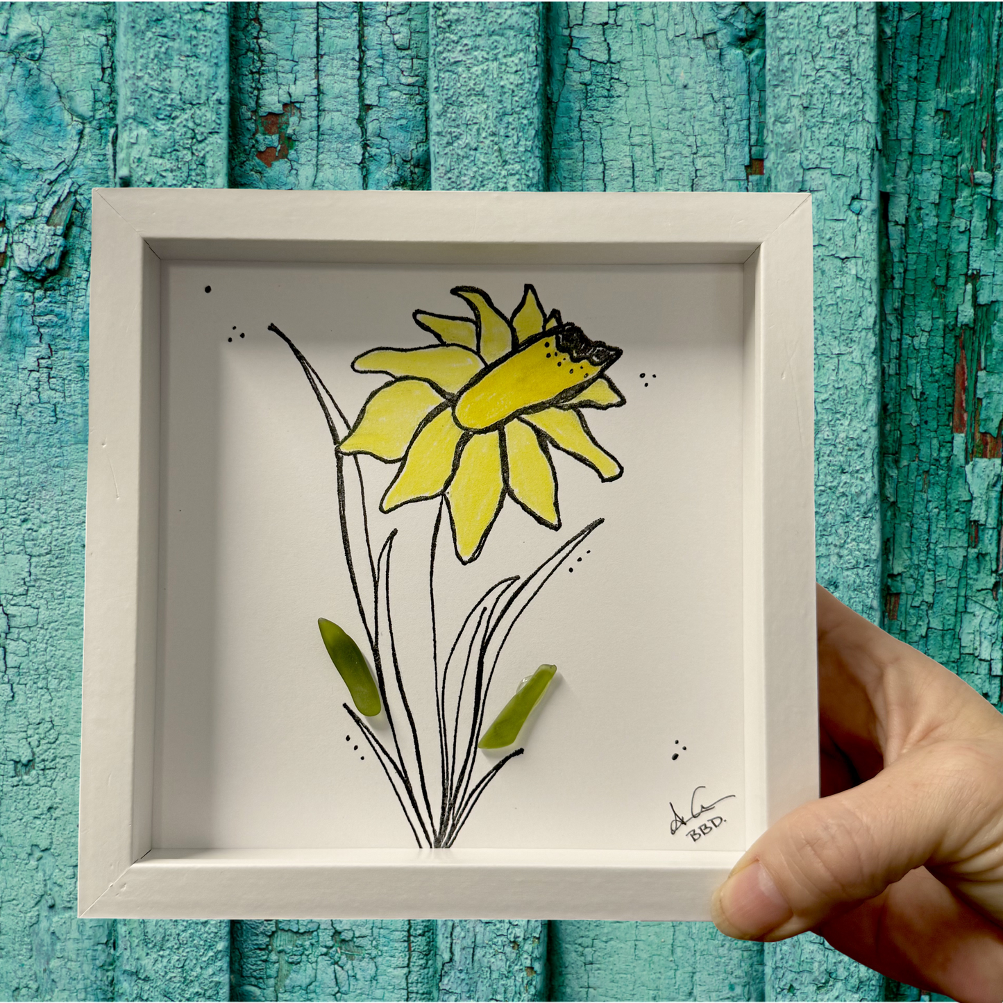 Daffodil Green Stem MINI - Sea Glass Art - 6x6 Framed