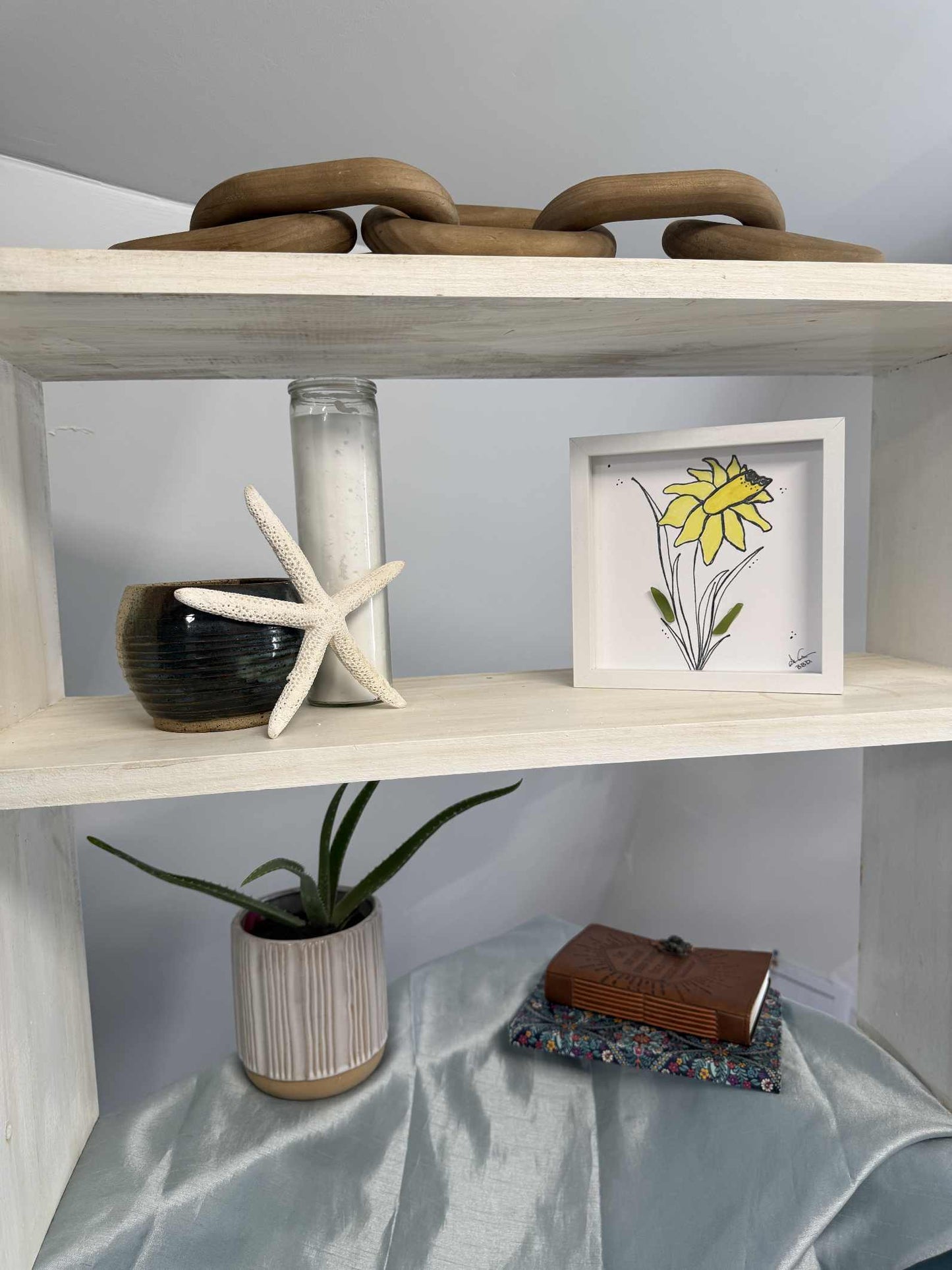 Daffodil Green Stem MINI - Sea Glass Art - 6x6 Framed