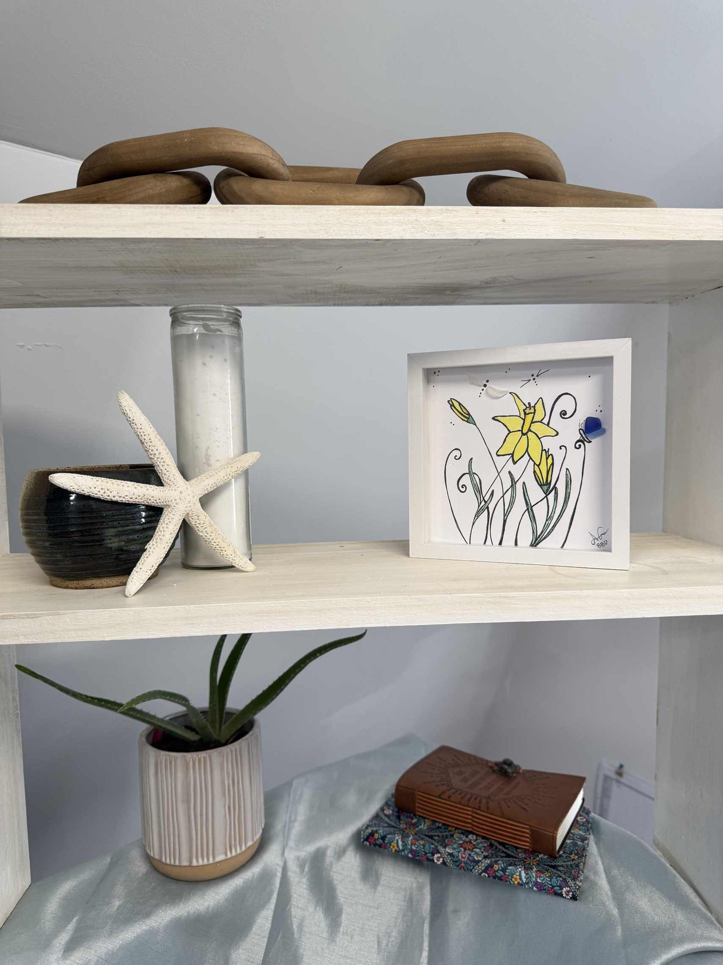 Daffodils Butterfly Dragonfly MINI - Sea Glass Art - 6x6 Framed