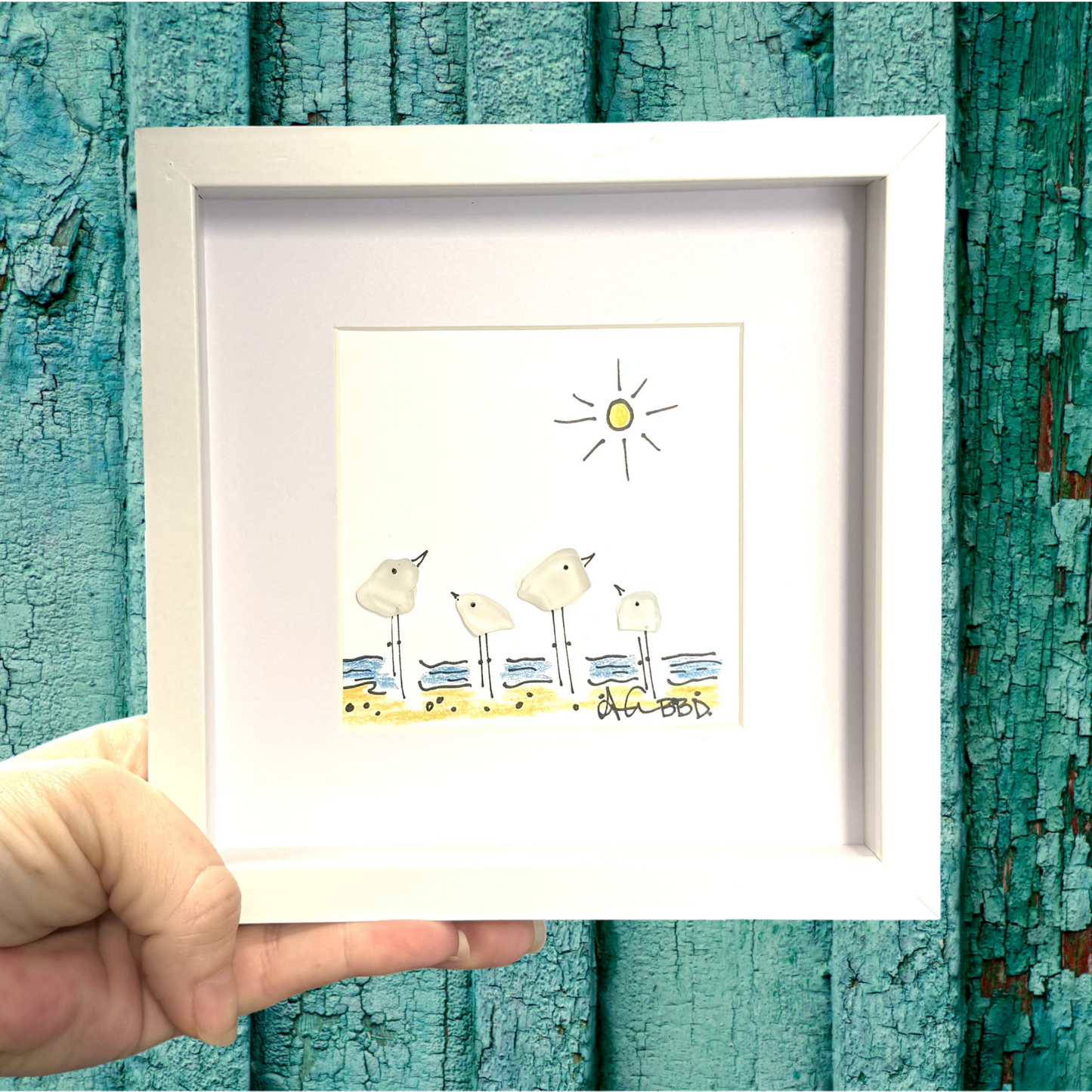 4 Seabirds on Beach MINI - Sea Glass Art - 6x6 Framed