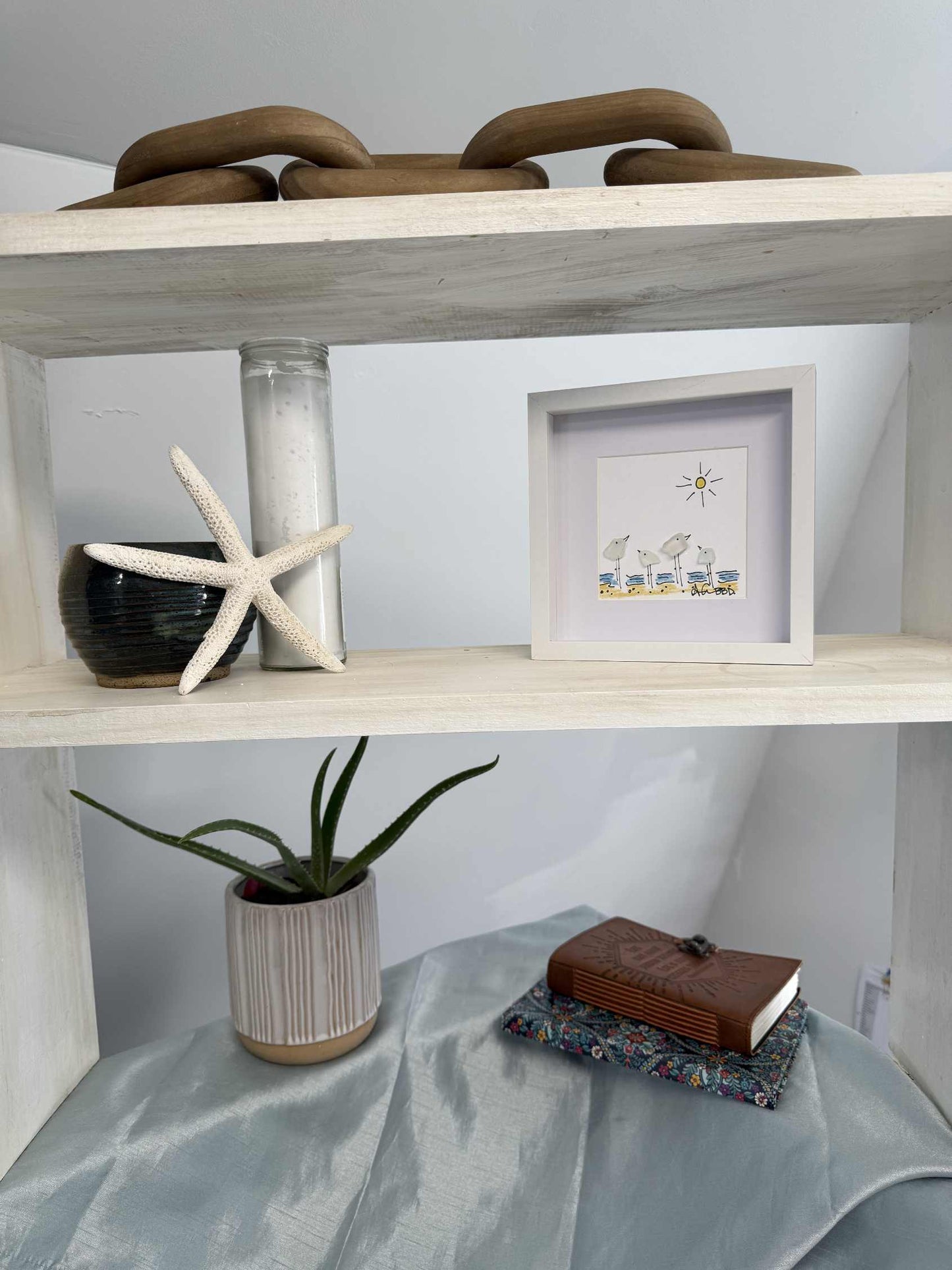 4 Seabirds on Beach MINI - Sea Glass Art - 6x6 Framed