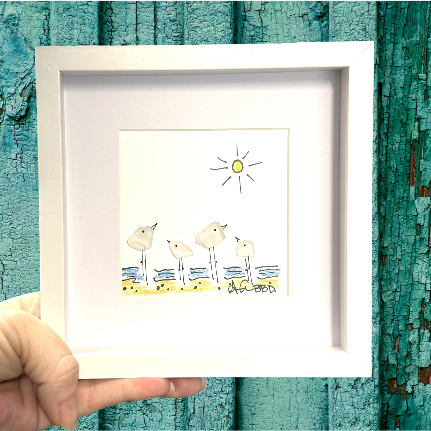 4 Seabirds on Beach MINI - Sea Glass Art - 6x6 Framed
