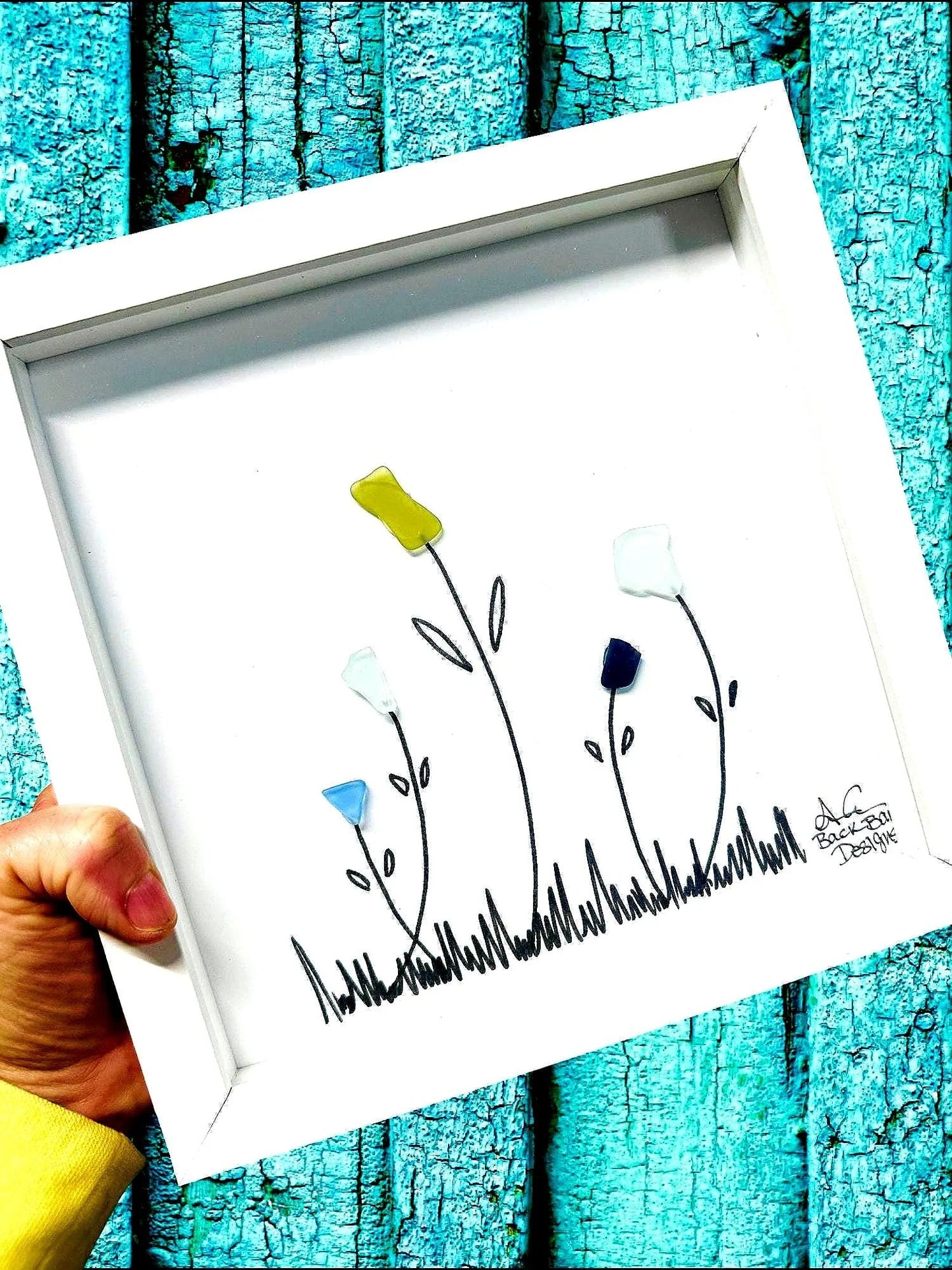 5 Wildflowers - Memorial Sea Glass Art, Garden Decor, Beyond Words Original, 8x8 Framed
