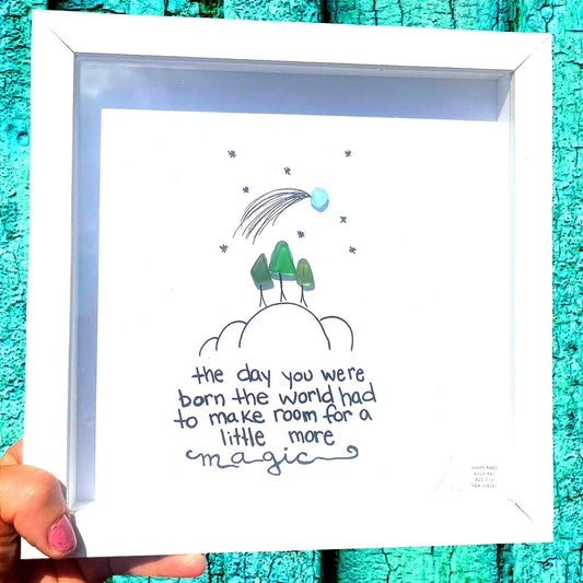 Born Magic - Sea Glass Art, Daughter Son, Grandchild Birthday, Celestial Baby Shower Gift, 8x8 Framed