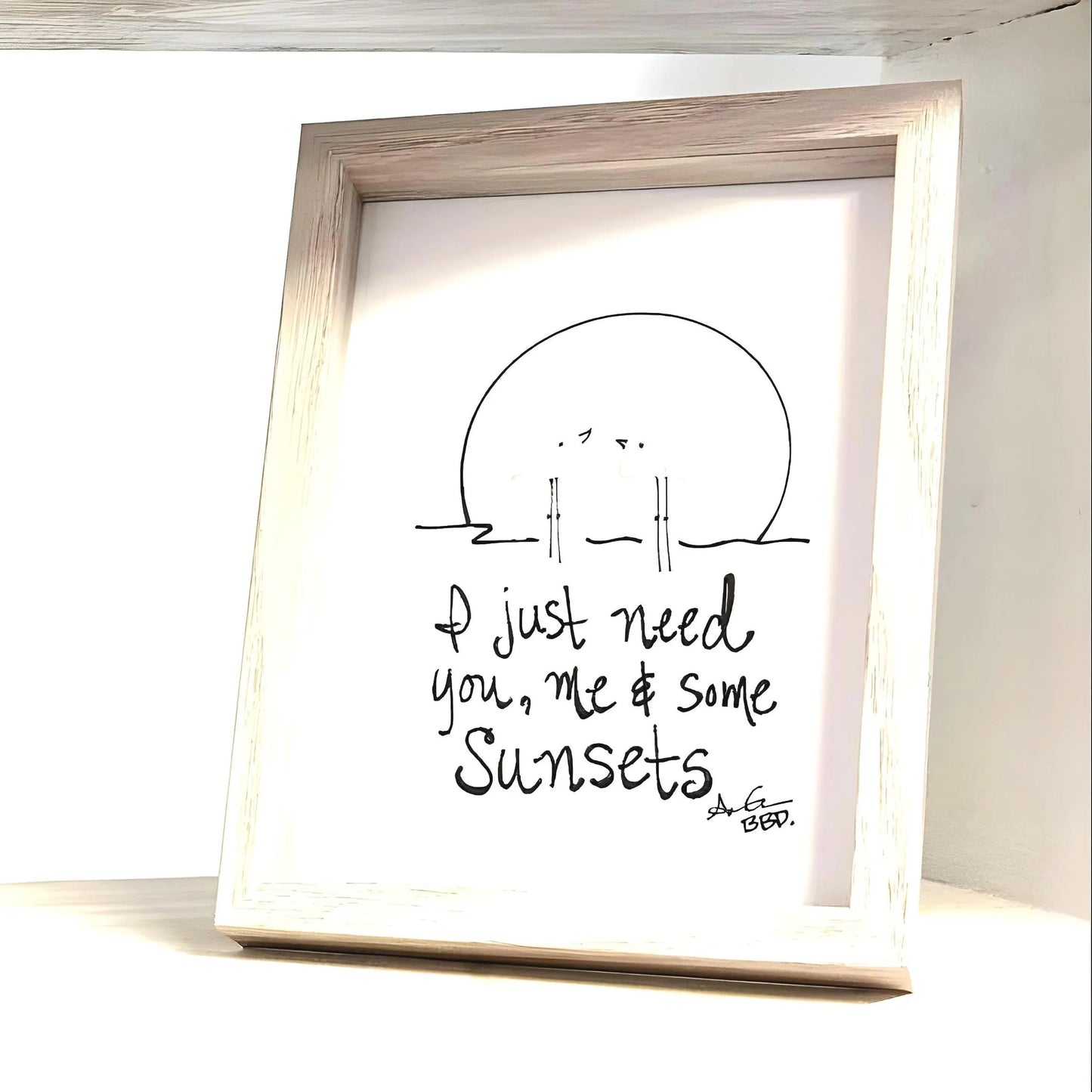 You Me And Sunsets - SLIM Sea Glass Art,  5x7 Whitewash Frame
