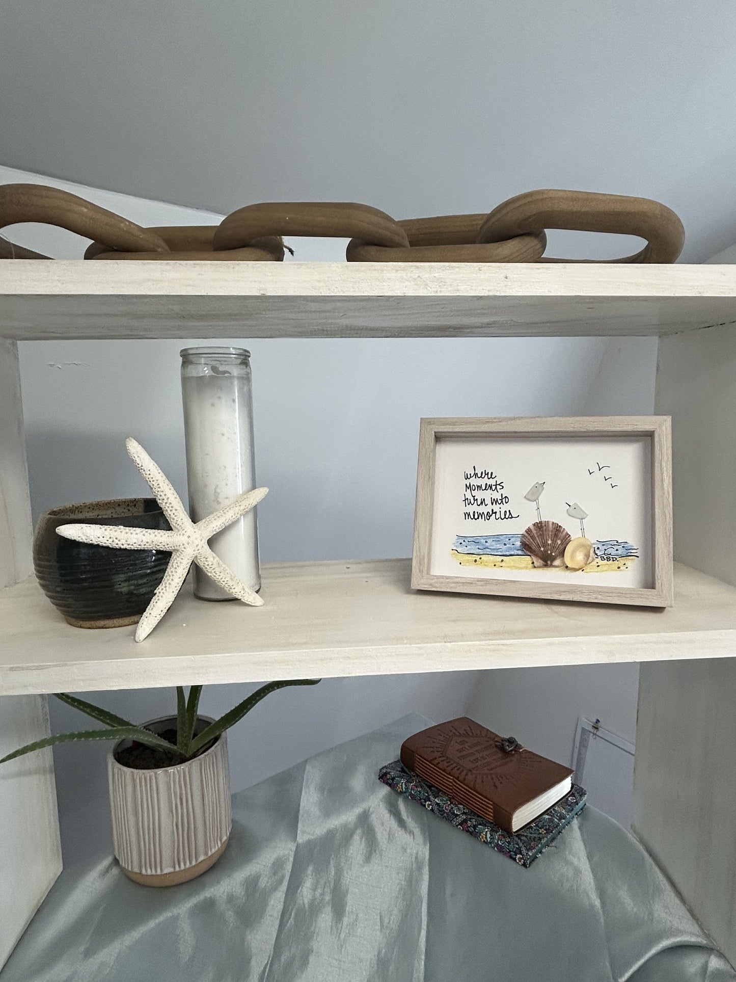 Moments Into Memories - SLIM Sea Glass Art,  5x7 Whitewash Frame