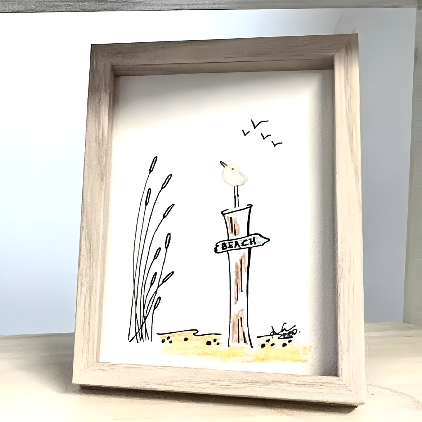 Seagull Piling Sign to the Beach - SLIM Sea Glass Art,  5x7 Whitewash Frame