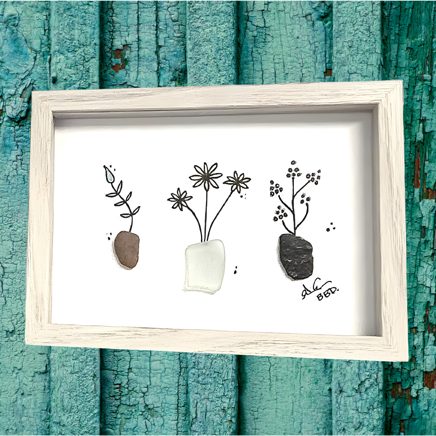 3 Potted Plants - SLIM Sea Glass Art,  5x7 Whitewash Frame