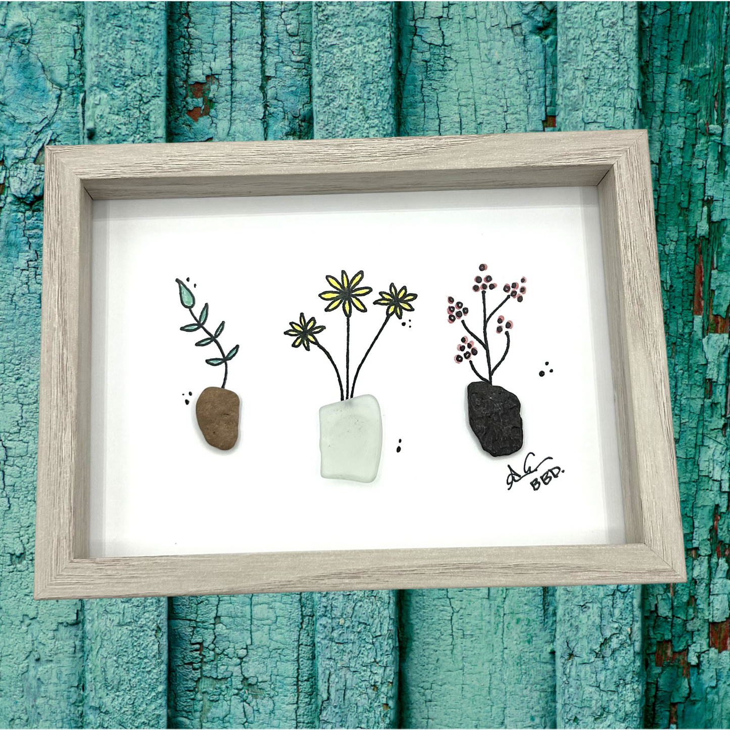 3 Potted Plants - SLIM Sea Glass Art,  5x7 Whitewash Frame