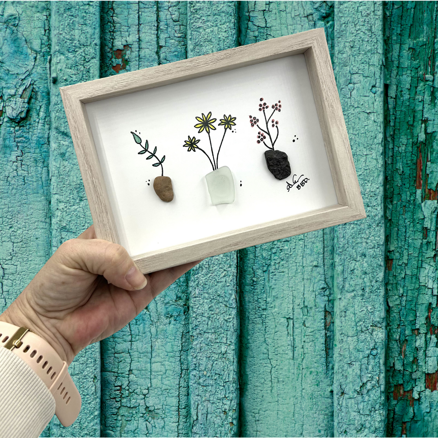 3 Potted Plants - SLIM Sea Glass Art,  5x7 Whitewash Frame